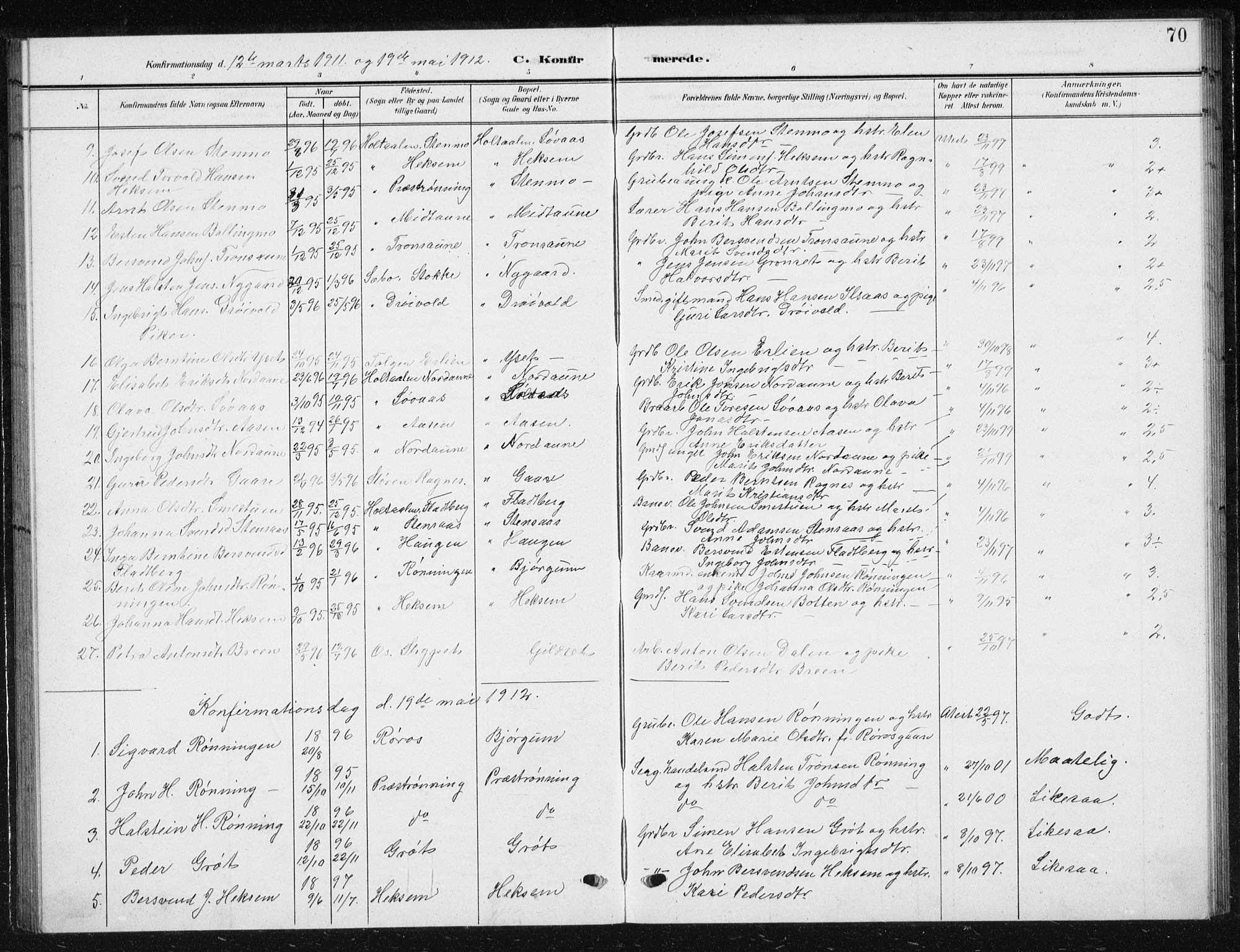Ministerialprotokoller, klokkerbøker og fødselsregistre - Sør-Trøndelag, SAT/A-1456/685/L0979: Parish register (copy) no. 685C04, 1908-1933, p. 70