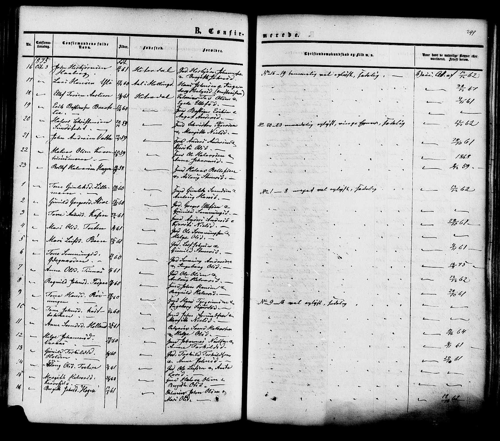 Heddal kirkebøker, SAKO/A-268/F/Fa/L0007: Parish register (official) no. I 7, 1855-1877, p. 299