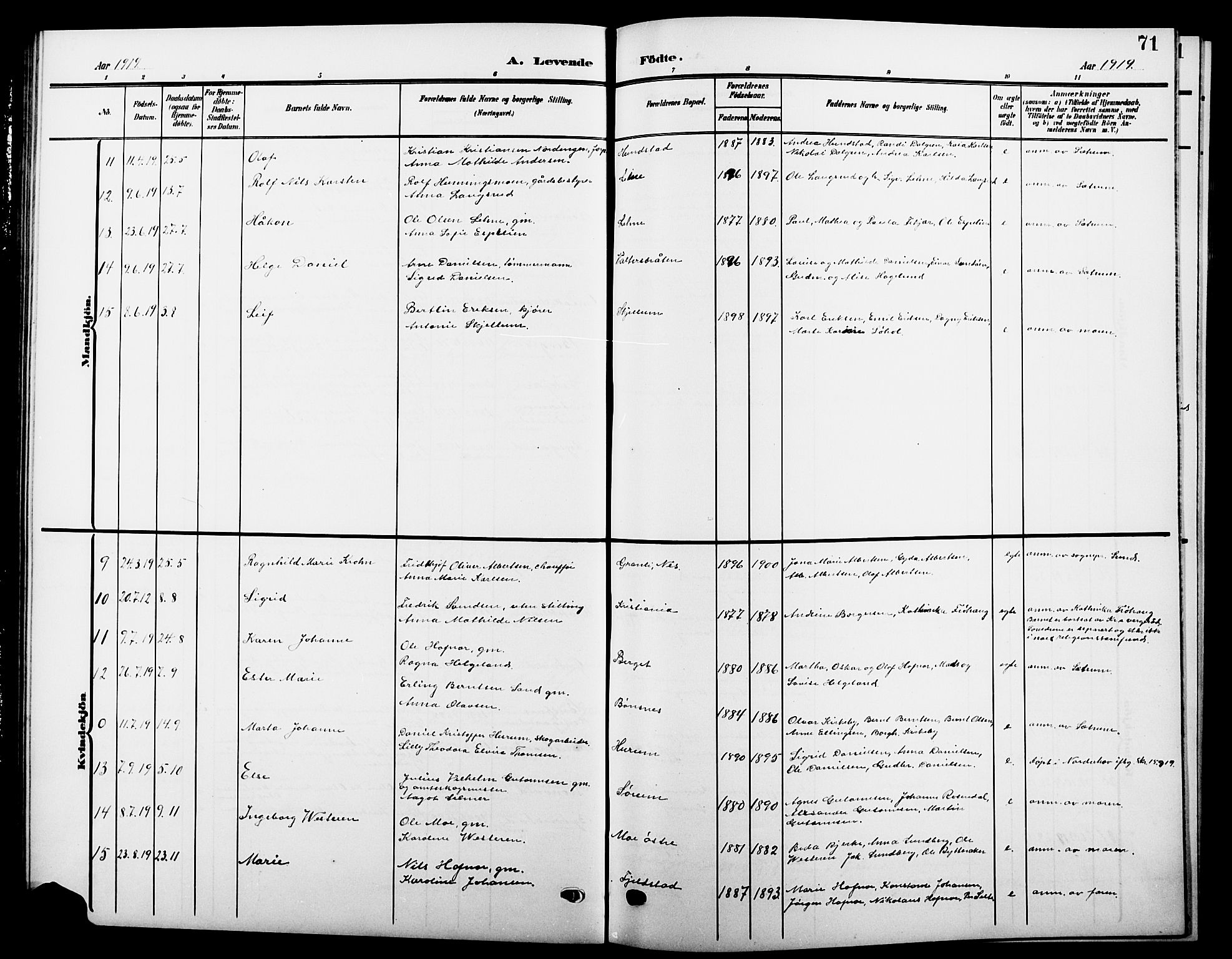 Hole kirkebøker, AV/SAKO-A-228/G/Ga/L0004: Parish register (copy) no. I 4, 1905-1924, p. 71