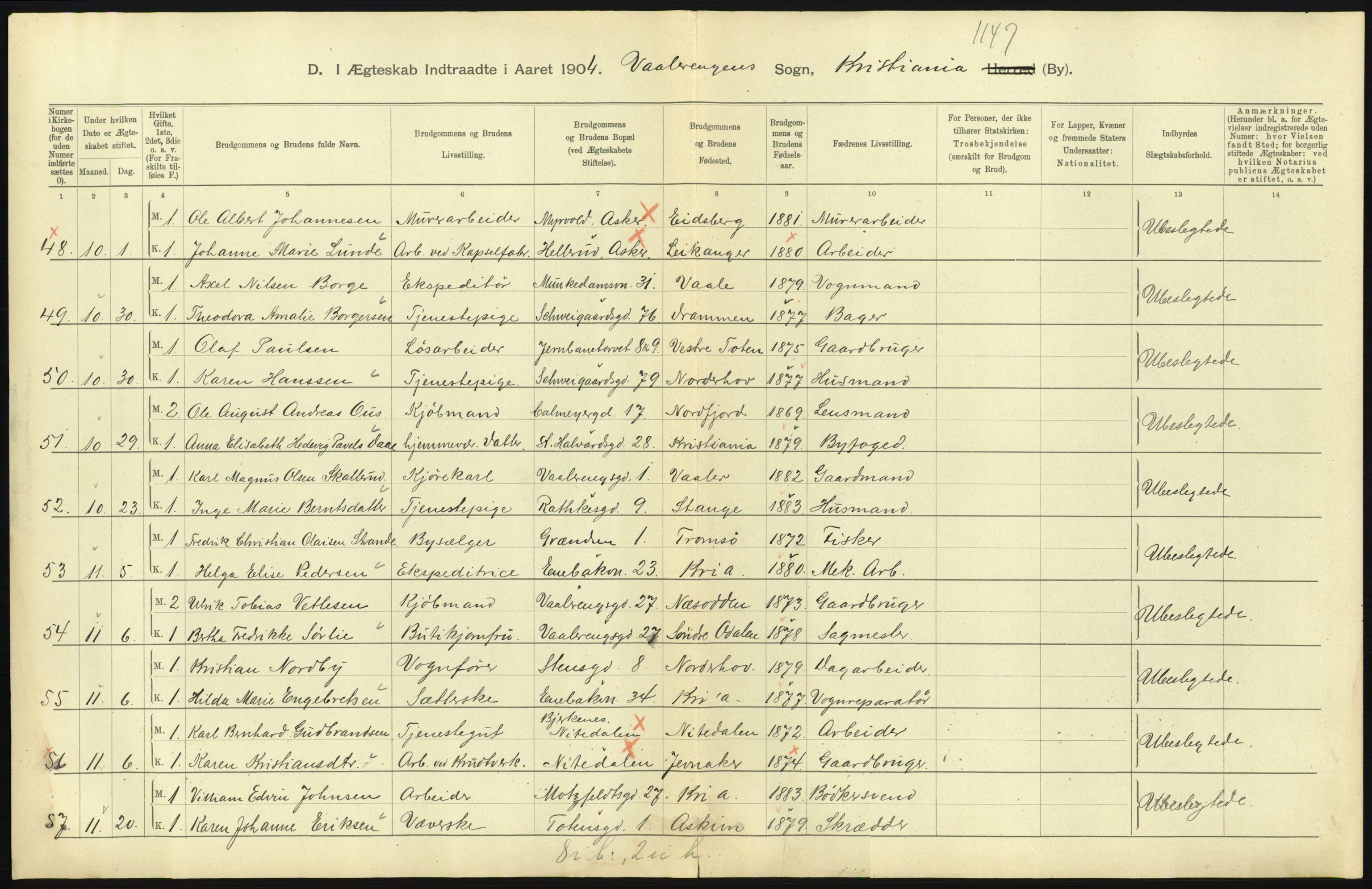 Statistisk sentralbyrå, Sosiodemografiske emner, Befolkning, AV/RA-S-2228/D/Df/Dfa/Dfab/L0004: Kristiania: Gifte, døde, 1904, p. 9