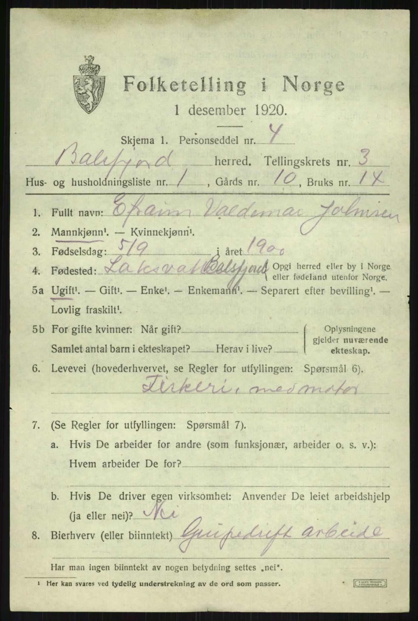 SATØ, 1920 census for Balsfjord, 1920, p. 2120