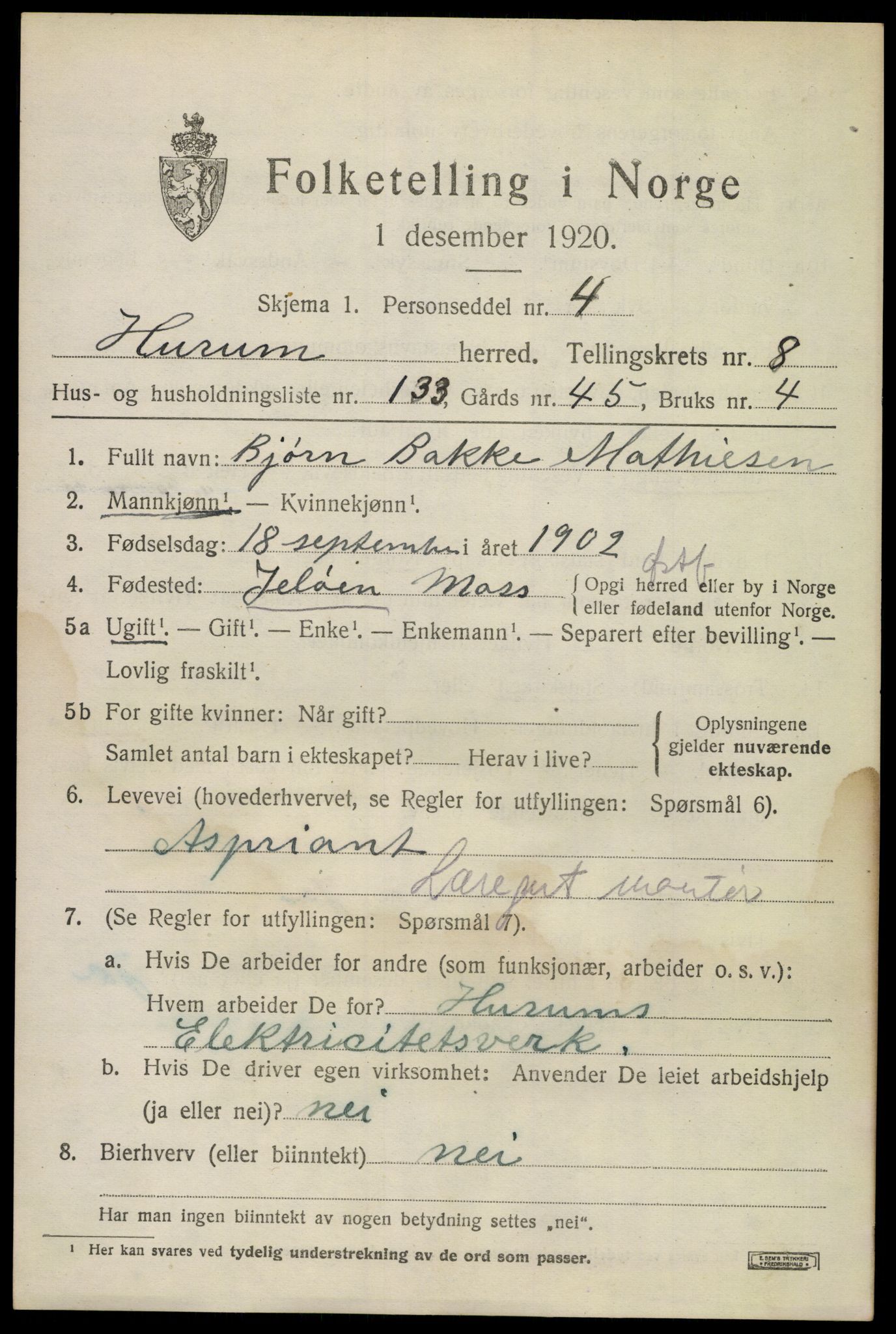 SAKO, 1920 census for Hurum, 1920, p. 11852