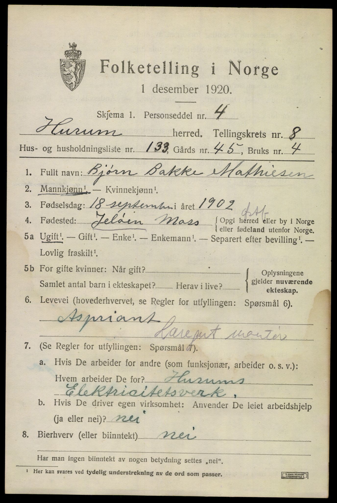 SAKO, 1920 census for Hurum, 1920, p. 11852