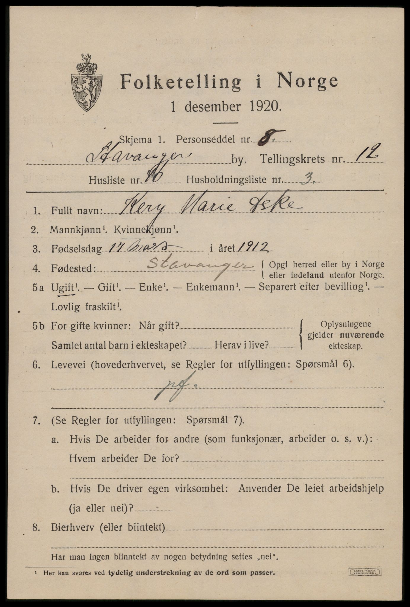 SAST, 1920 census for Stavanger, 1920, p. 57688