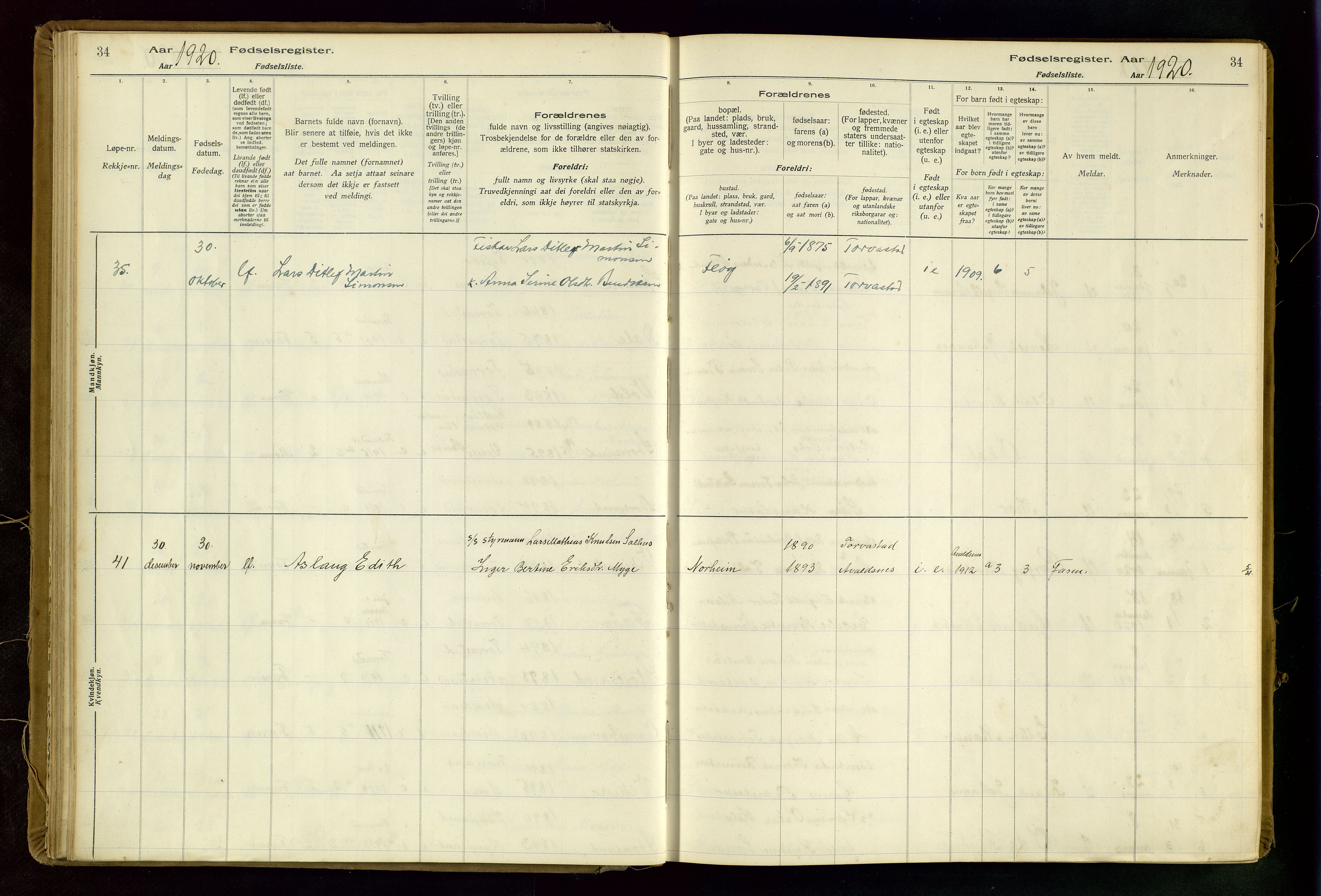 Torvastad sokneprestkontor, SAST/A -101857/I/Id/L0002: Birth register no. 2, 1916-1950, p. 34