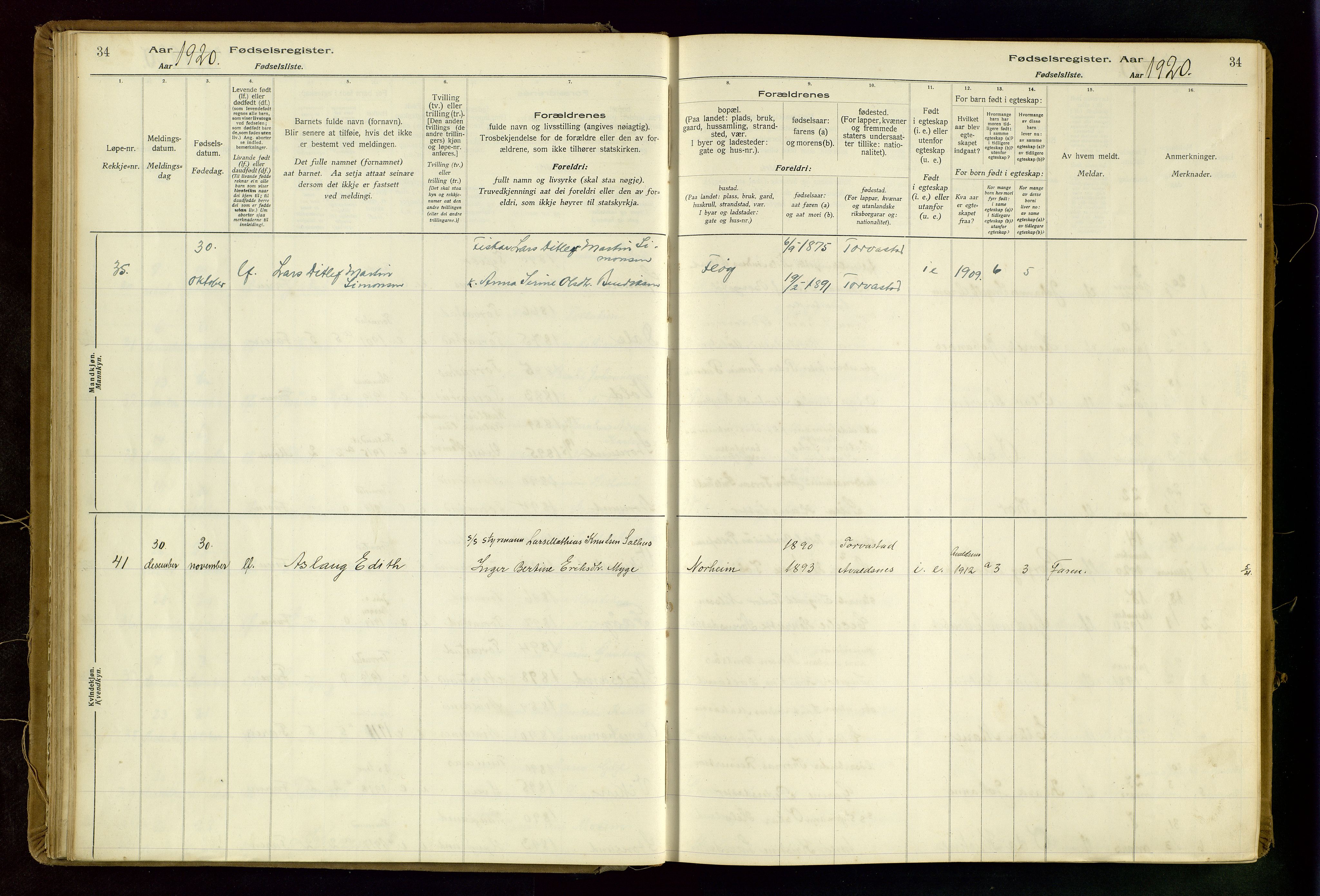 Torvastad sokneprestkontor, AV/SAST-A -101857/I/Id/L0002: Birth register no. 2, 1916-1950, p. 34