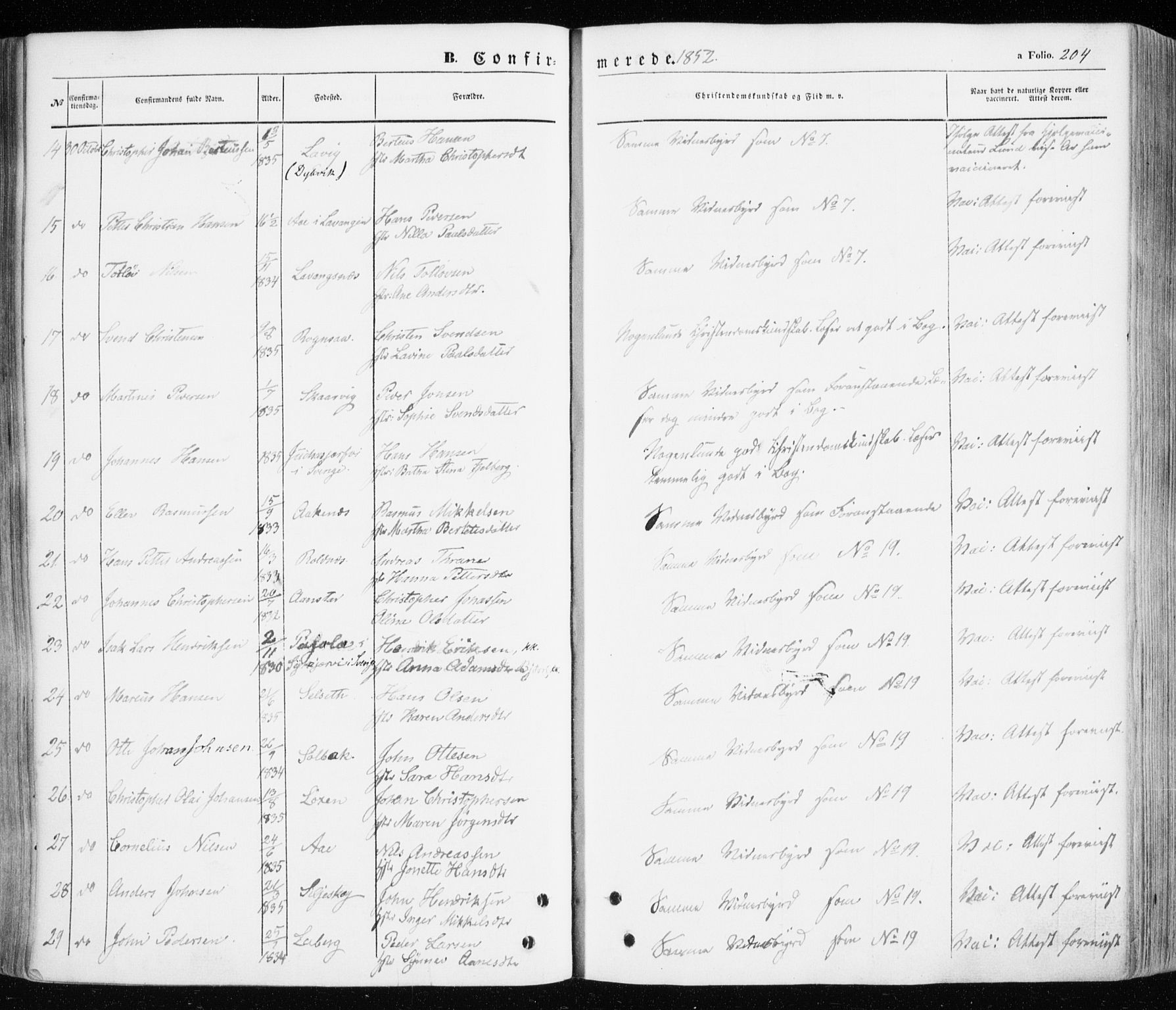 Ibestad sokneprestembete, SATØ/S-0077/H/Ha/Haa/L0008kirke: Parish register (official) no. 8, 1850-1859, p. 204