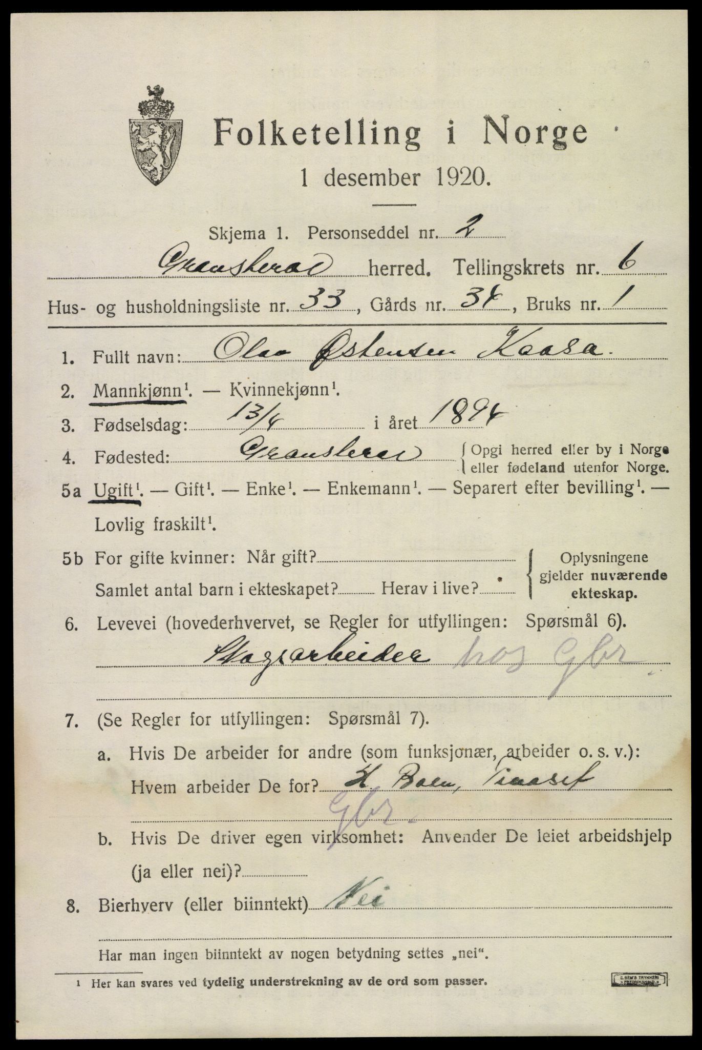 SAKO, 1920 census for Gransherad, 1920, p. 2710