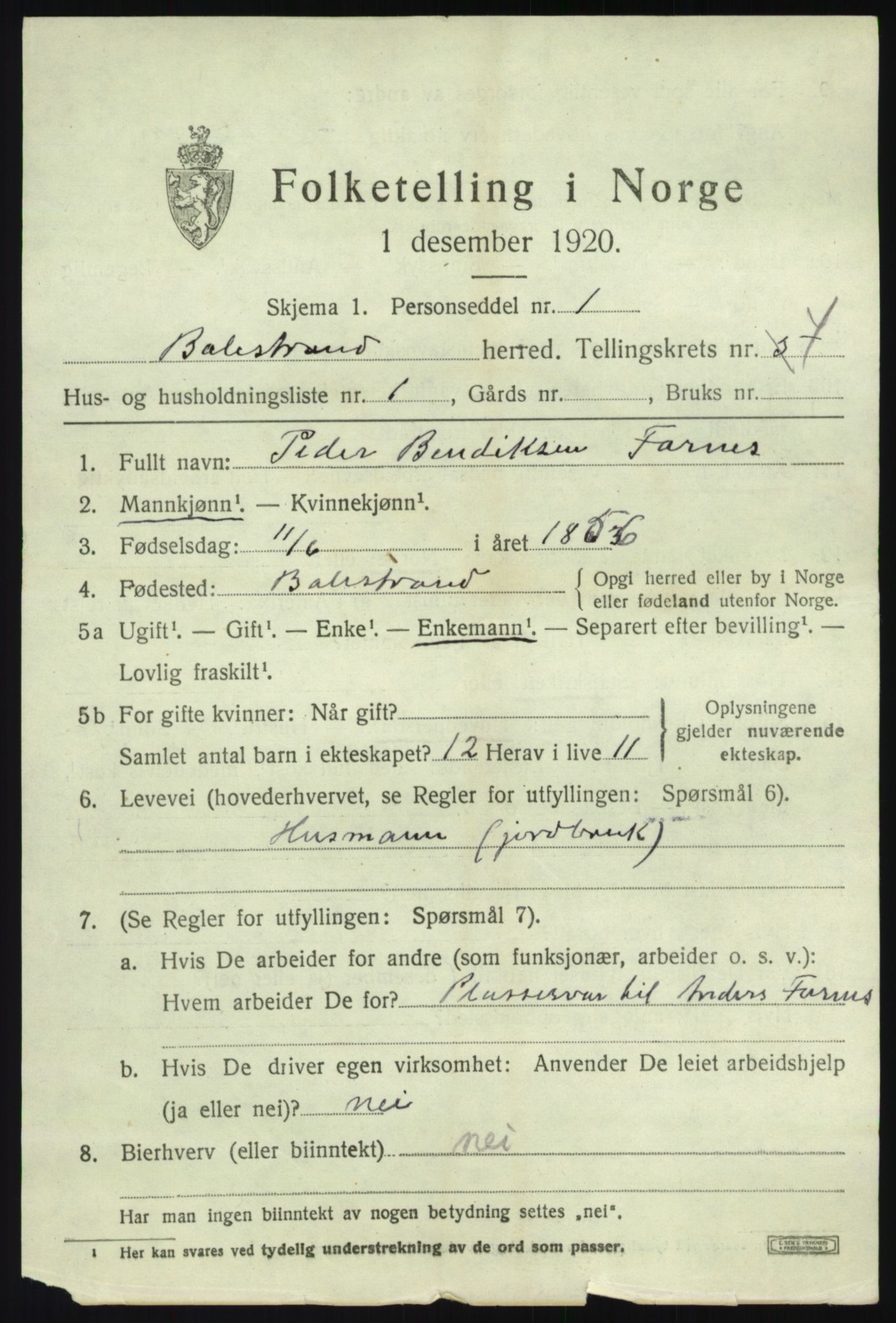 SAB, 1920 census for Balestrand, 1920, p. 2106