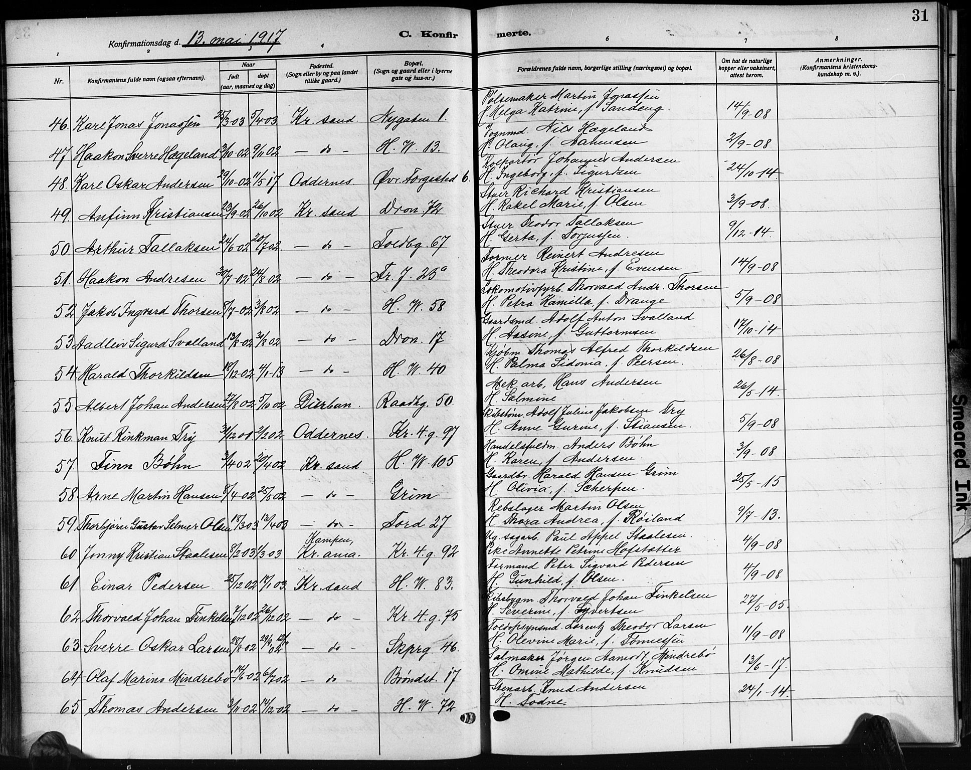 Kristiansand domprosti, SAK/1112-0006/F/Fb/L0022: Parish register (copy) no. B 22, 1915-1925, p. 31