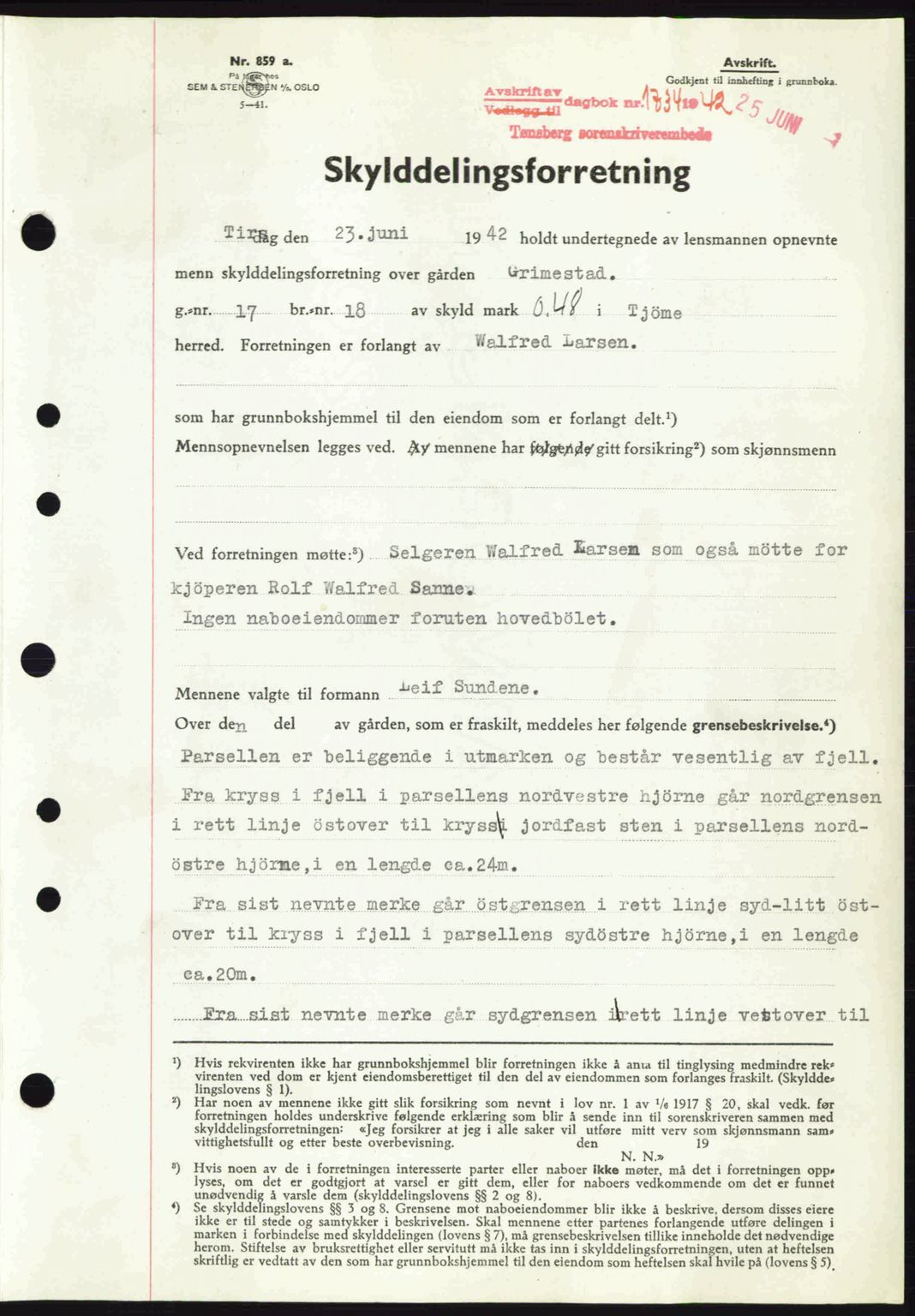 Tønsberg sorenskriveri, AV/SAKO-A-130/G/Ga/Gaa/L0011: Mortgage book no. A11, 1941-1942, Diary no: : 1734/1942