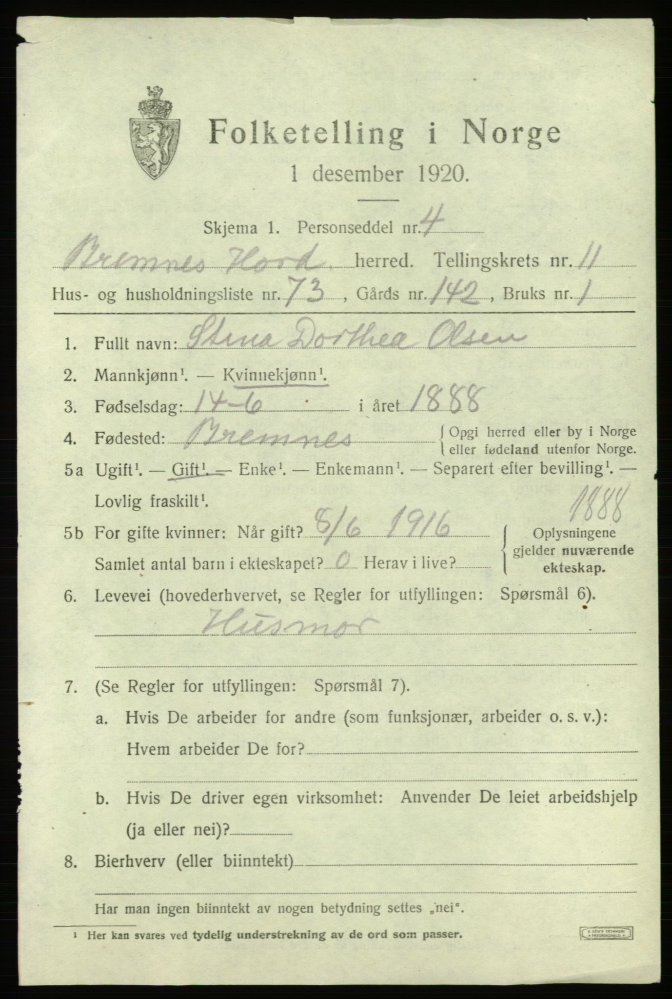 SAB, 1920 census for Bremnes, 1920, p. 7582