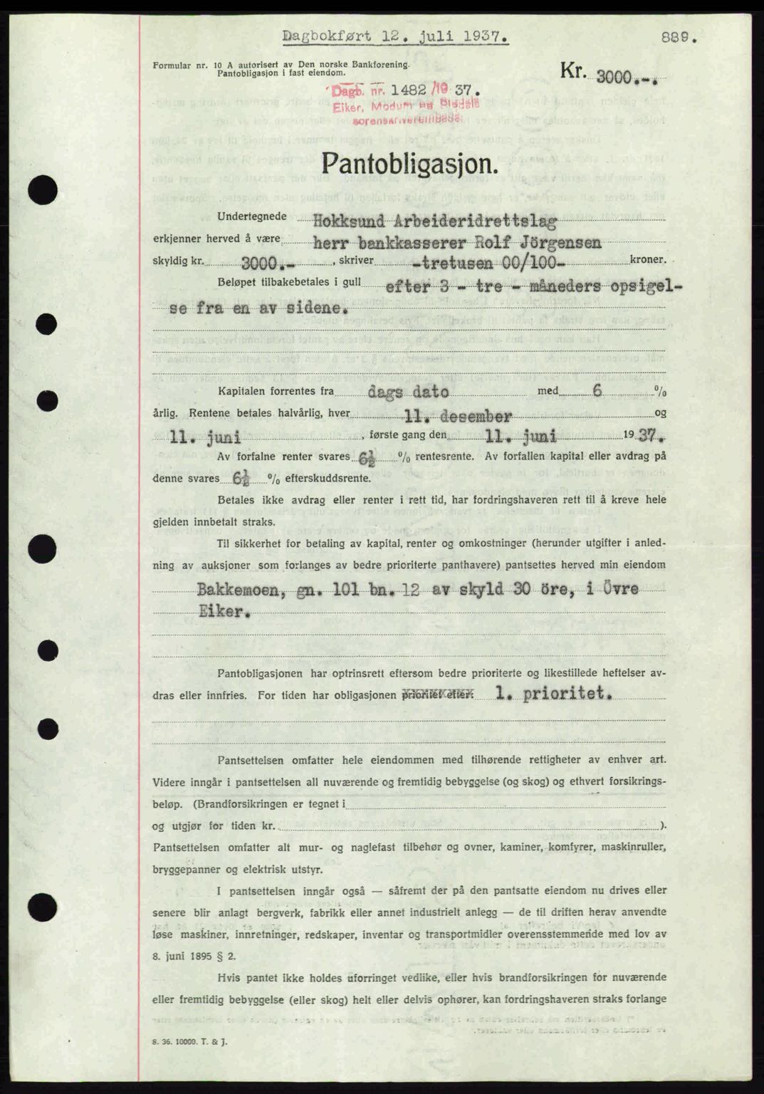 Eiker, Modum og Sigdal sorenskriveri, SAKO/A-123/G/Ga/Gab/L0035: Mortgage book no. A5, 1937-1937, Diary no: : 1482/1937