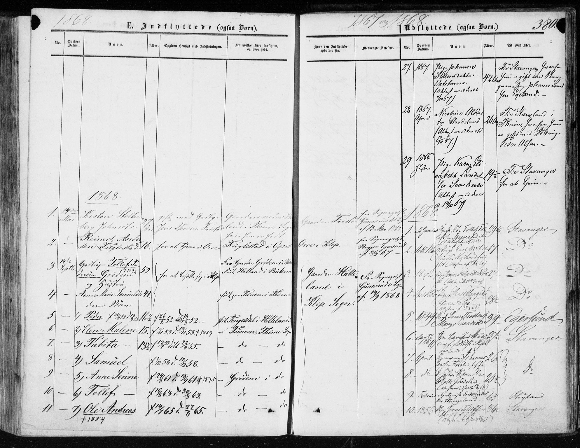 Klepp sokneprestkontor, SAST/A-101803/001/3/30BA/L0005: Parish register (official) no. A 5, 1853-1870, p. 380