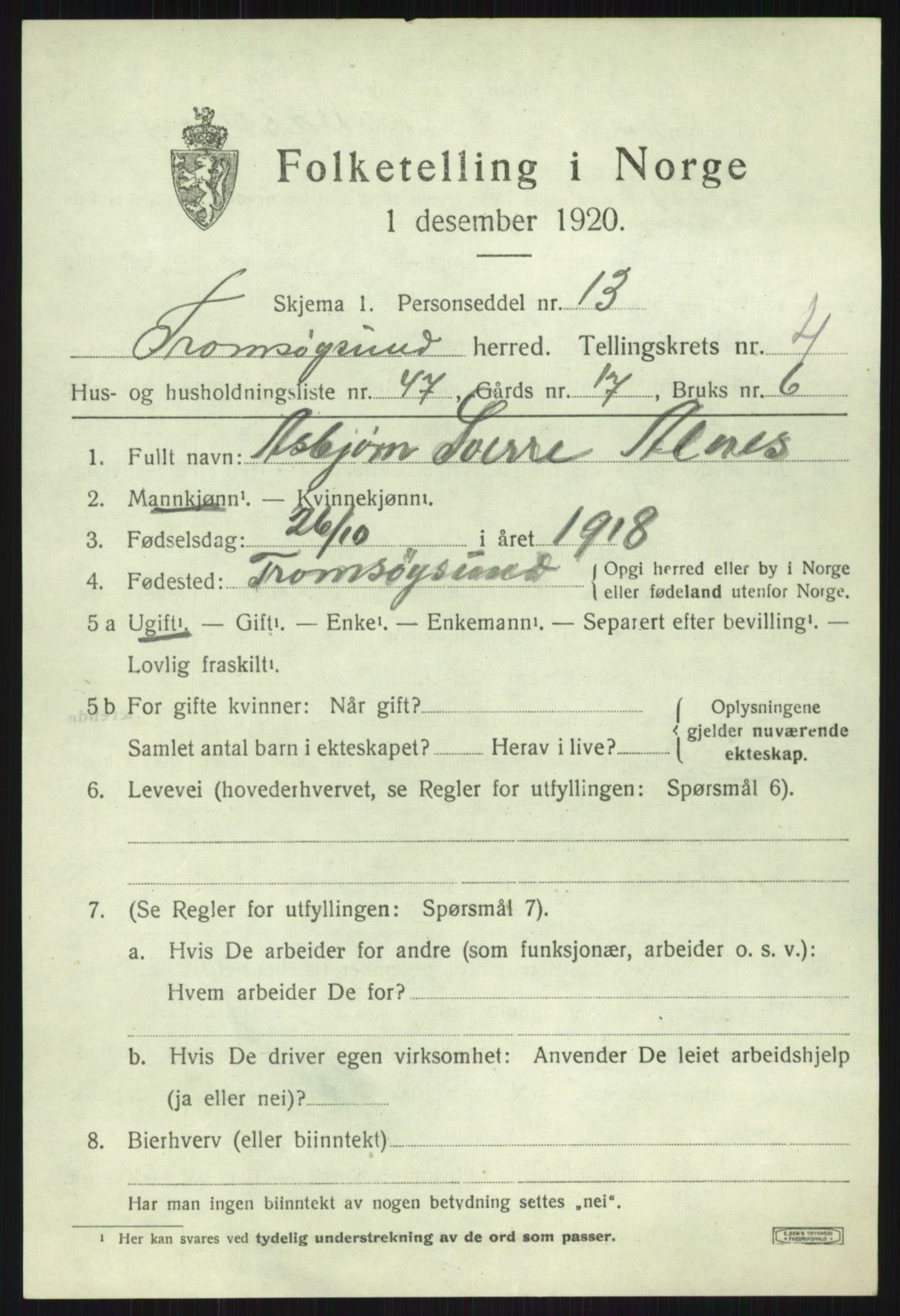 SATØ, 1920 census for Tromsøysund, 1920, p. 3828