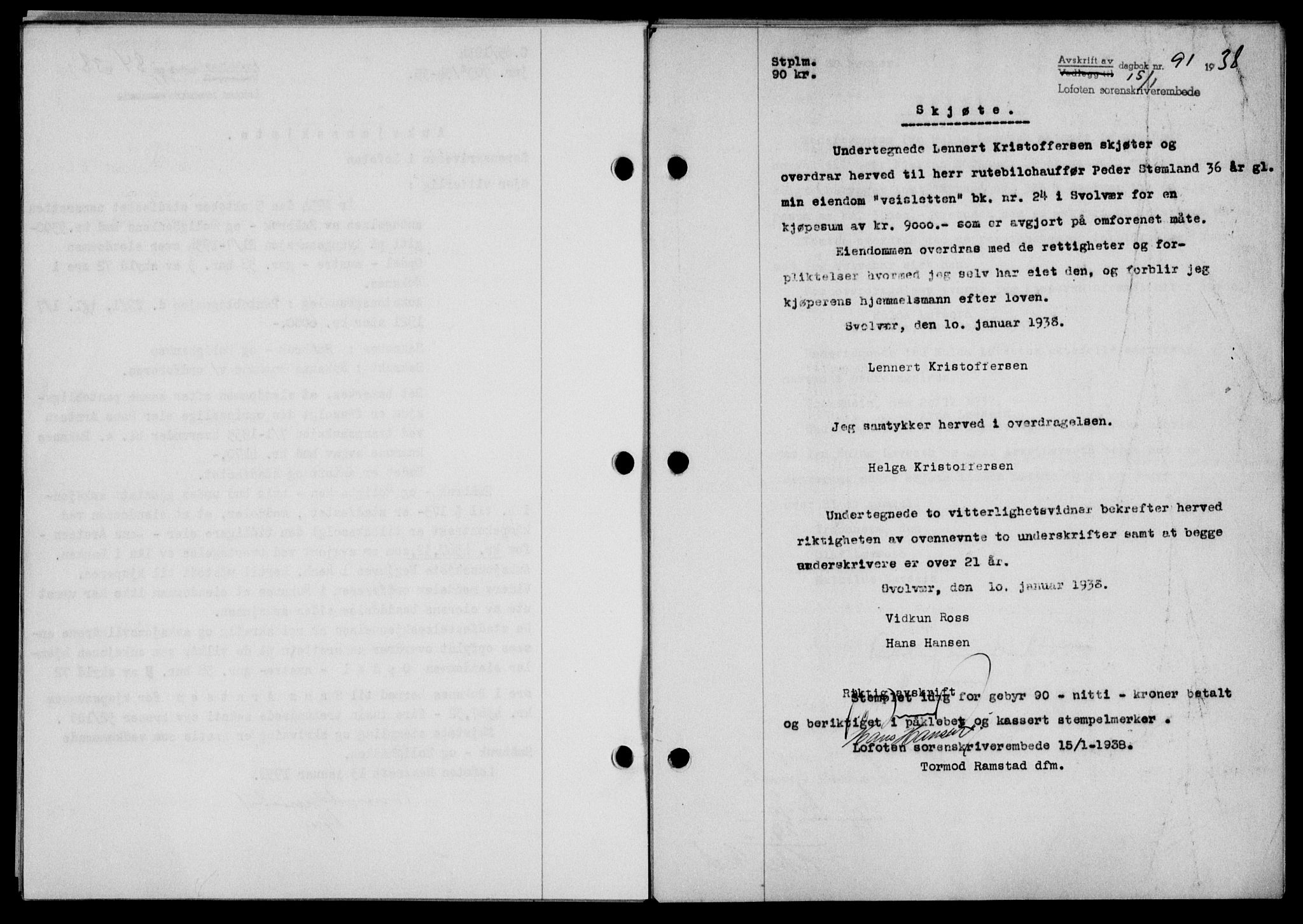 Lofoten sorenskriveri, SAT/A-0017/1/2/2C/L0003a: Mortgage book no. 3a, 1937-1938, Diary no: : 91/1938