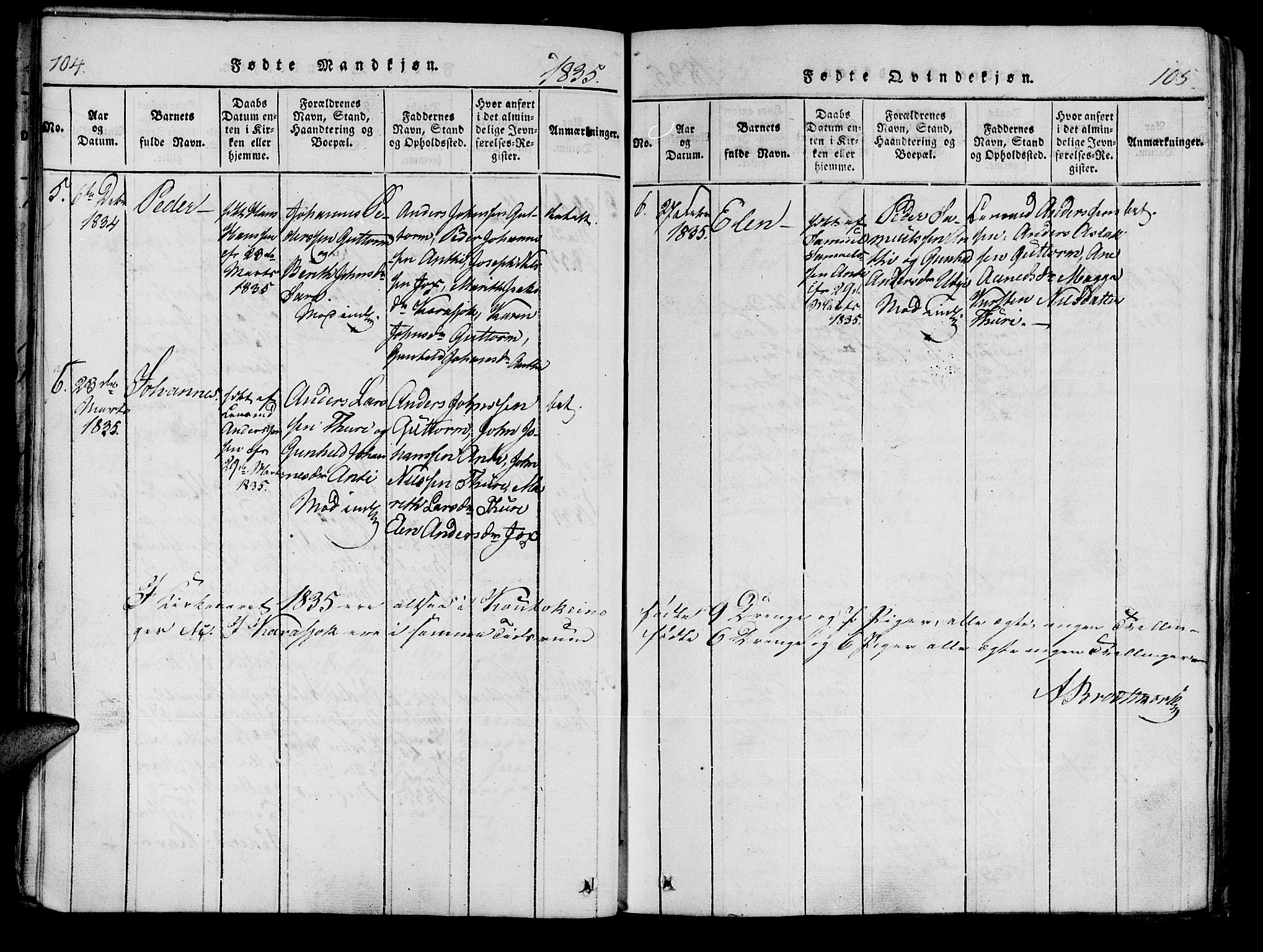 Kistrand/Porsanger sokneprestembete, AV/SATØ-S-1351/H/Ha/L0010.kirke: Parish register (official) no. 10, 1821-1842, p. 104-105