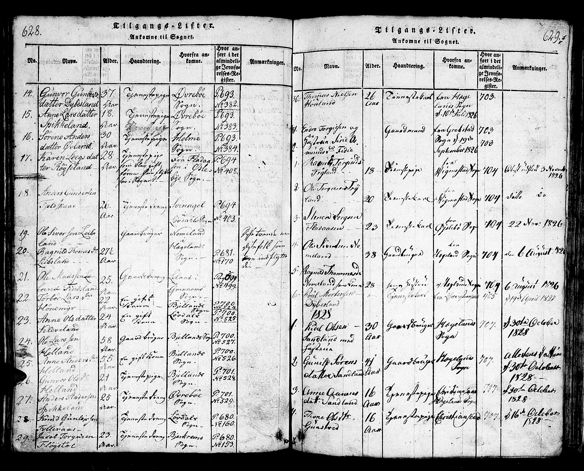 Bjelland sokneprestkontor, AV/SAK-1111-0005/F/Fb/Fbb/L0003: Parish register (copy) no. B 3, 1816-1868, p. 628-629