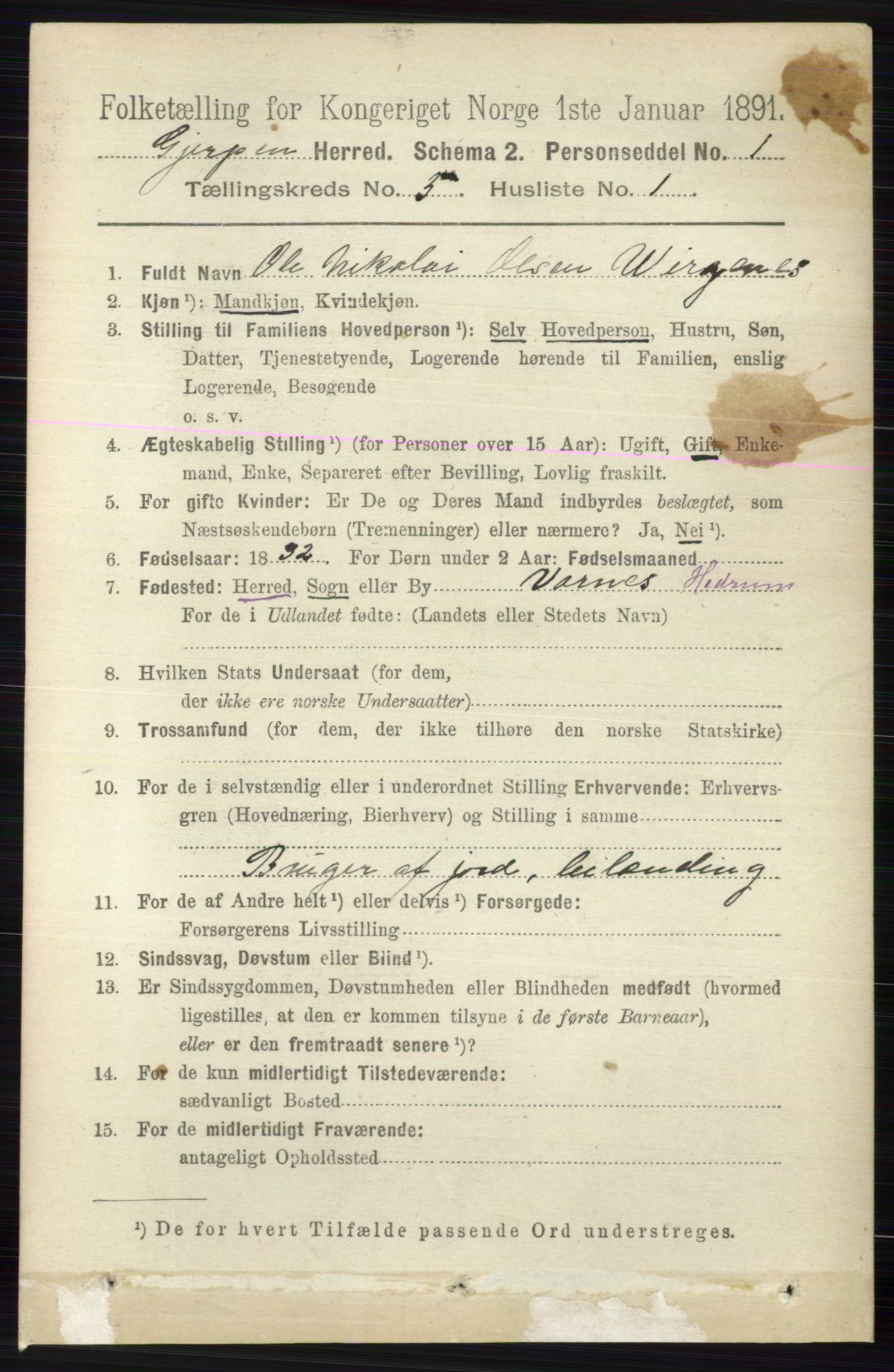 RA, 1891 census for 0812 Gjerpen, 1891, p. 2493