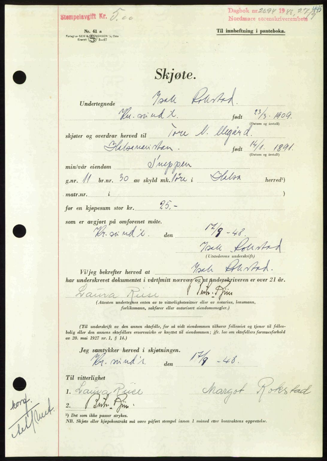 Nordmøre sorenskriveri, AV/SAT-A-4132/1/2/2Ca: Mortgage book no. A109, 1948-1948, Diary no: : 2694/1948