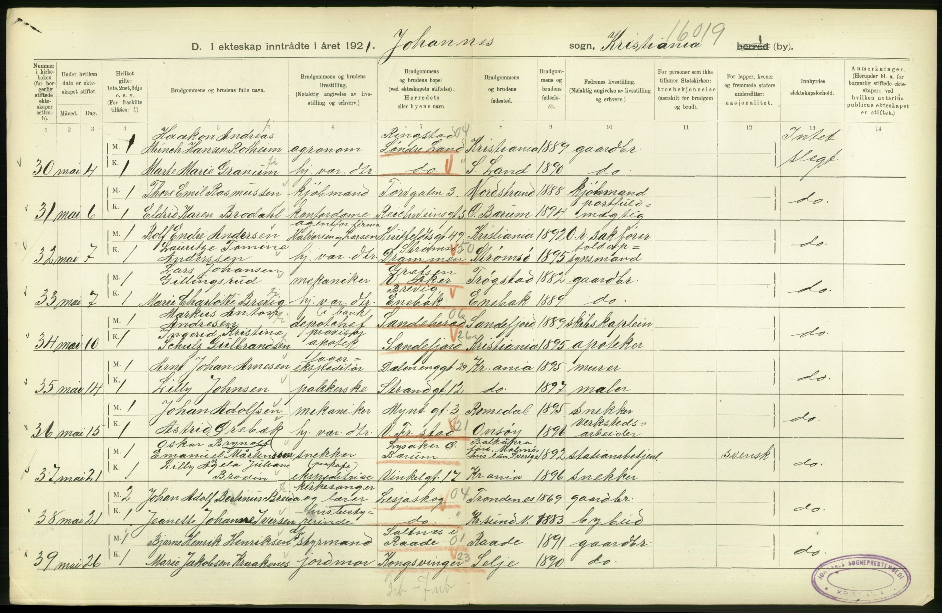 Statistisk sentralbyrå, Sosiodemografiske emner, Befolkning, AV/RA-S-2228/D/Df/Dfc/Dfca/L0011: Kristiania: Gifte, 1921, p. 84