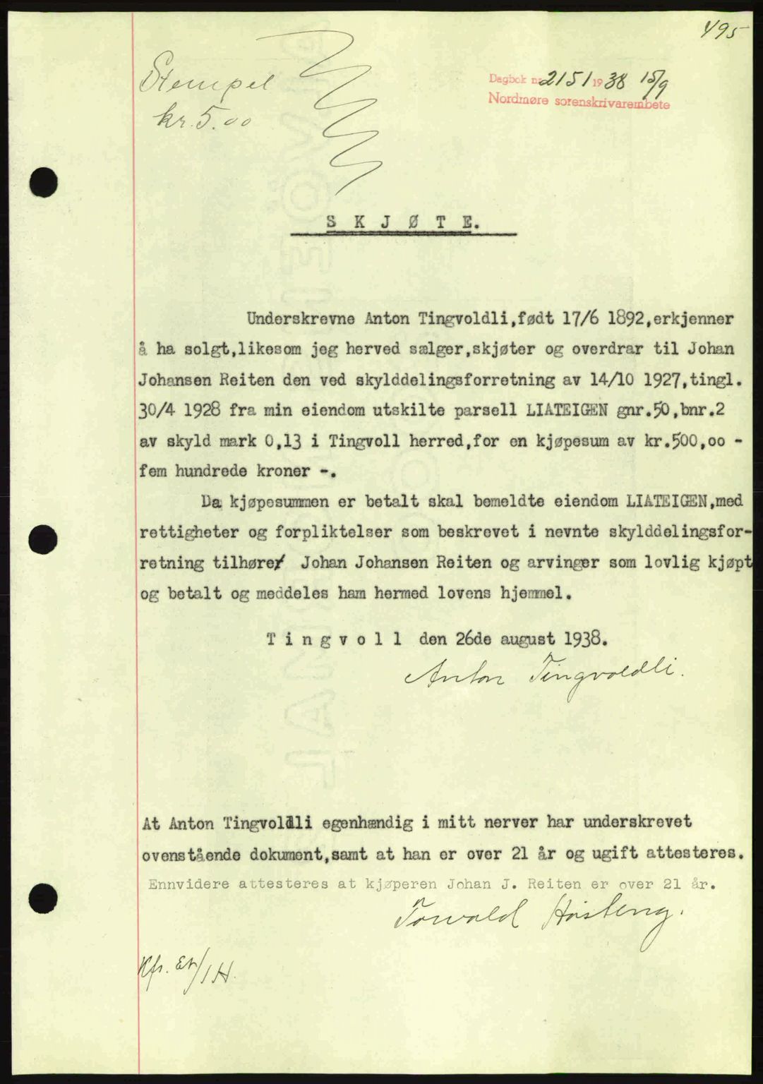 Nordmøre sorenskriveri, AV/SAT-A-4132/1/2/2Ca: Mortgage book no. A84, 1938-1938, Diary no: : 2151/1938