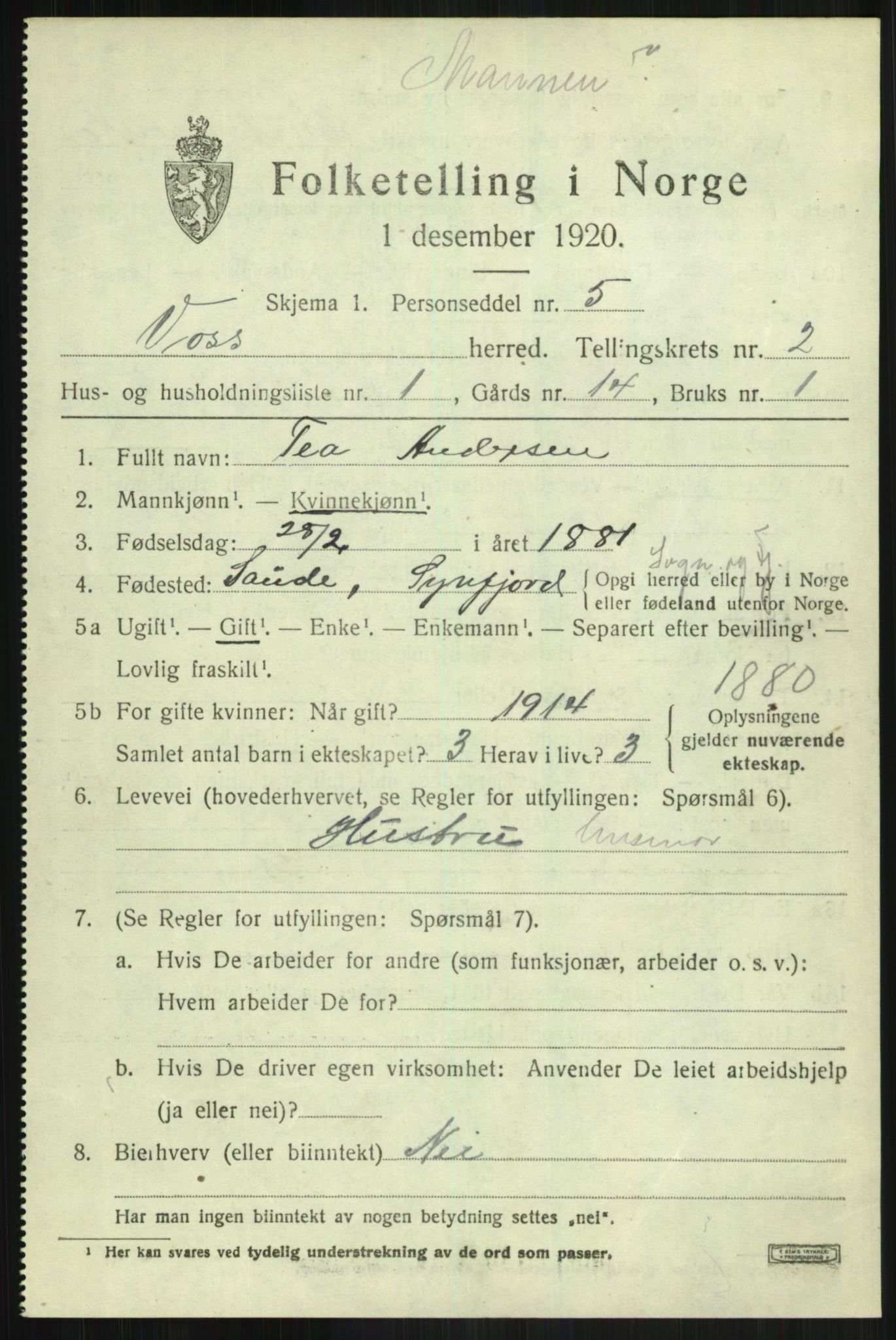 SAB, 1920 census for Voss, 1920, p. 3437