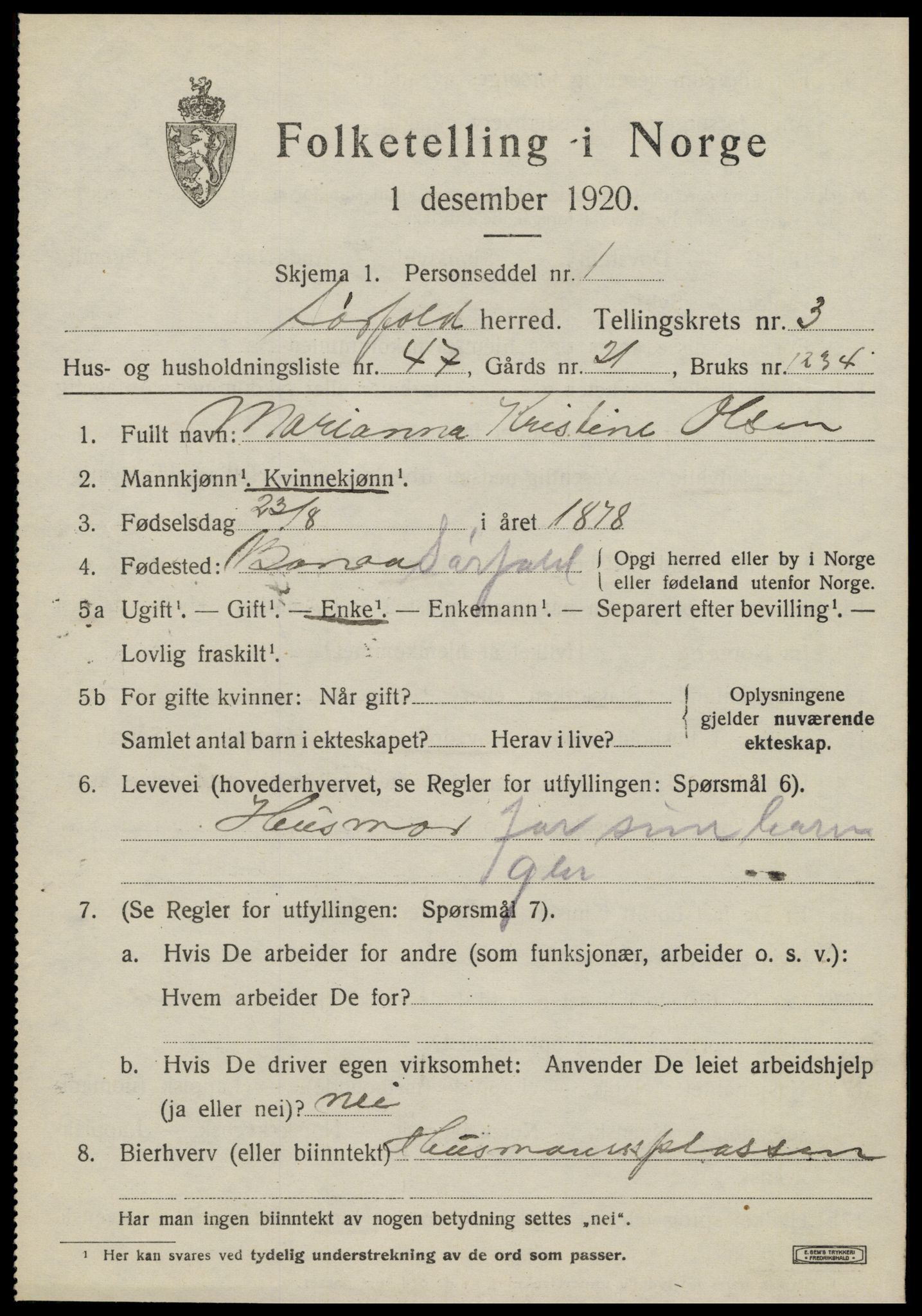 SAT, 1920 census for Sørfold, 1920, p. 2607