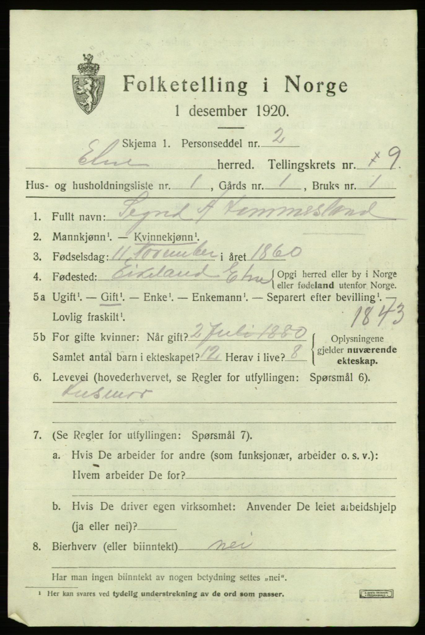 SAB, 1920 census for Etne, 1920, p. 3923