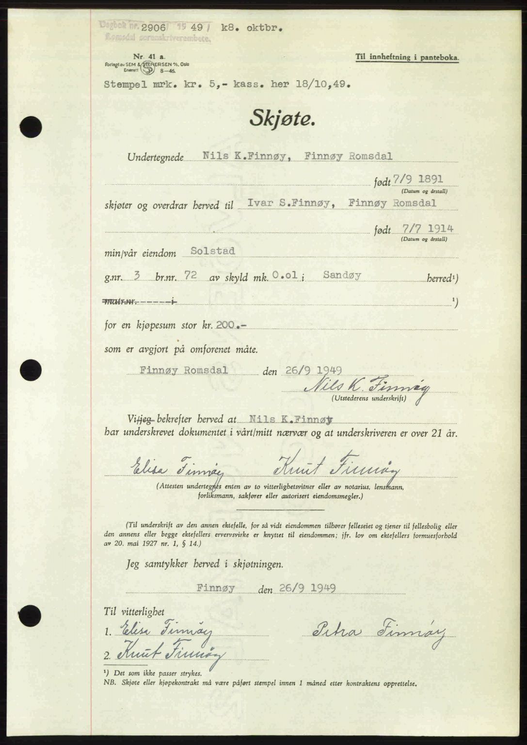 Romsdal sorenskriveri, AV/SAT-A-4149/1/2/2C: Mortgage book no. A31, 1949-1949, Diary no: : 2906/1949