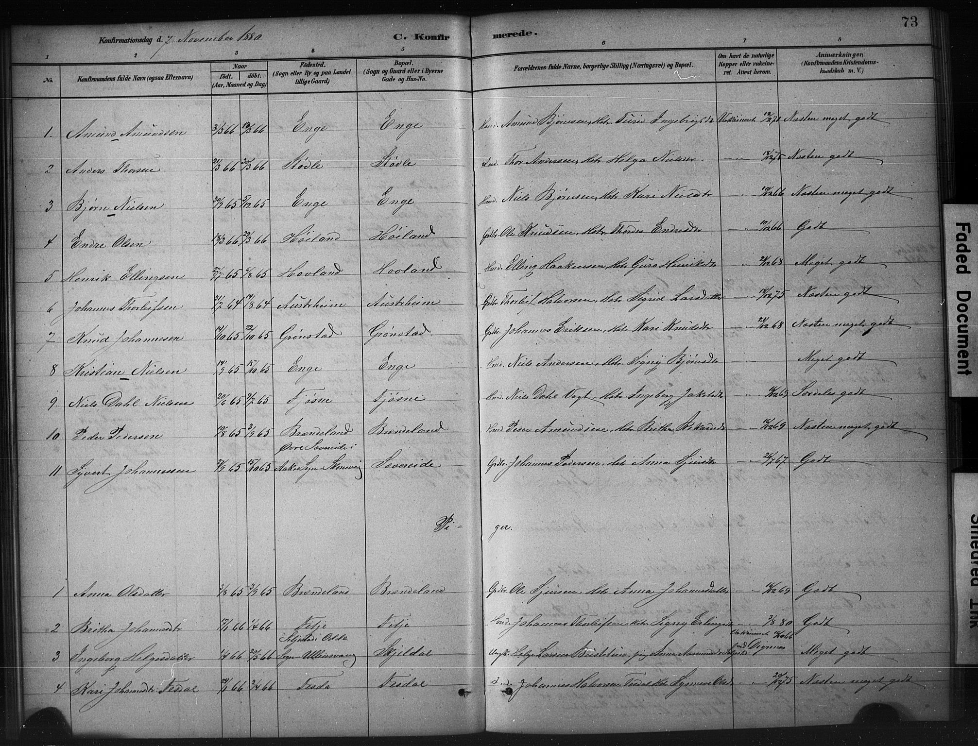 Etne sokneprestembete, SAB/A-75001/H/Hab: Parish register (copy) no. A 5, 1879-1896, p. 73