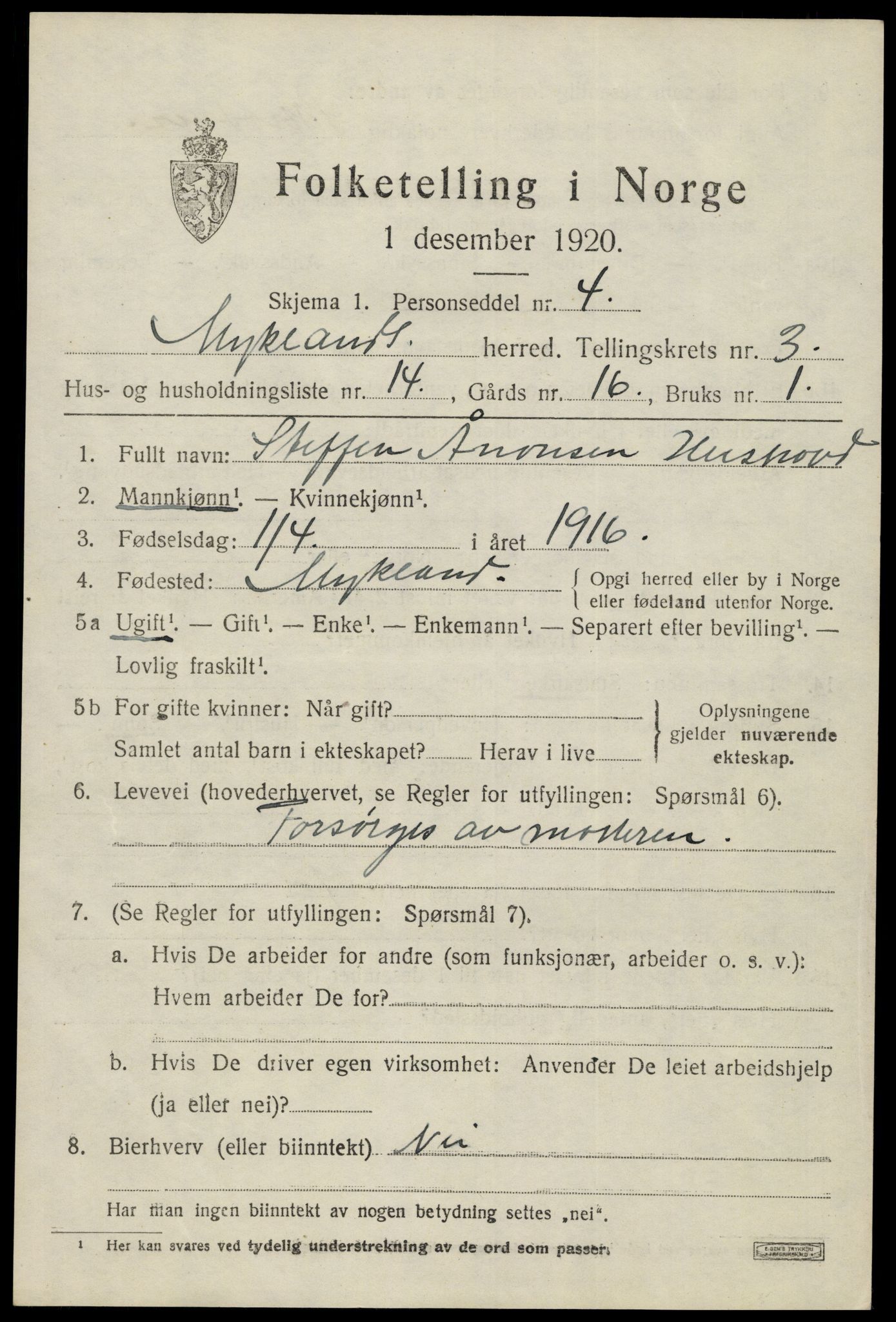 SAK, 1920 census for Mykland, 1920, p. 1320