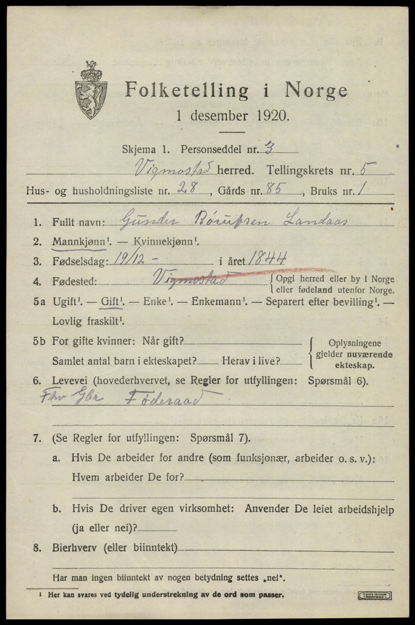 SAK, 1920 census for Vigmostad, 1920, p. 1929