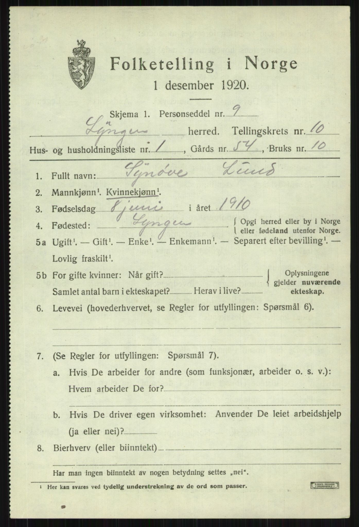 SATØ, 1920 census for Lyngen, 1920, p. 8113