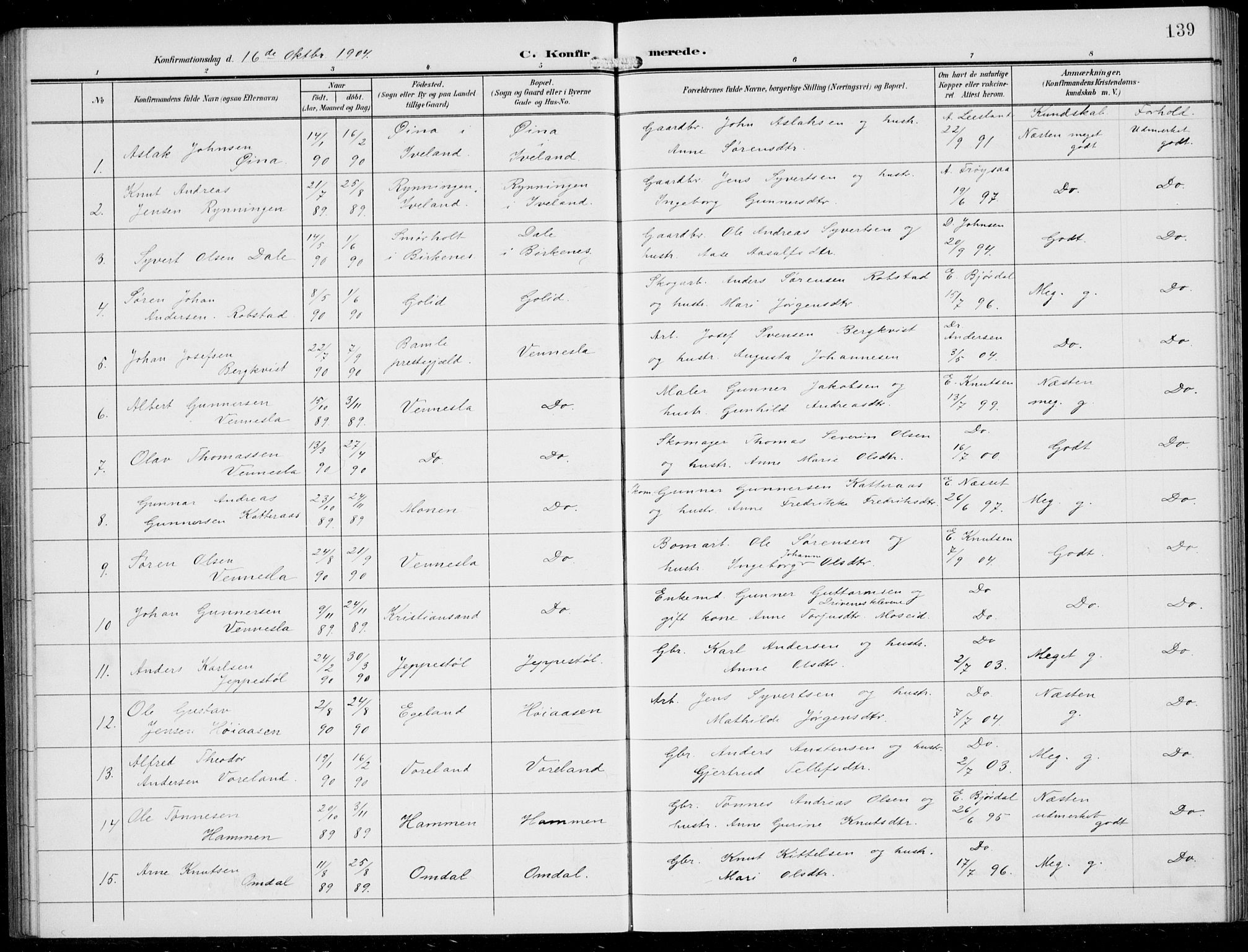 Vennesla sokneprestkontor, SAK/1111-0045/Fb/Fbb/L0005: Parish register (copy) no. B 5, 1903-1913, p. 139
