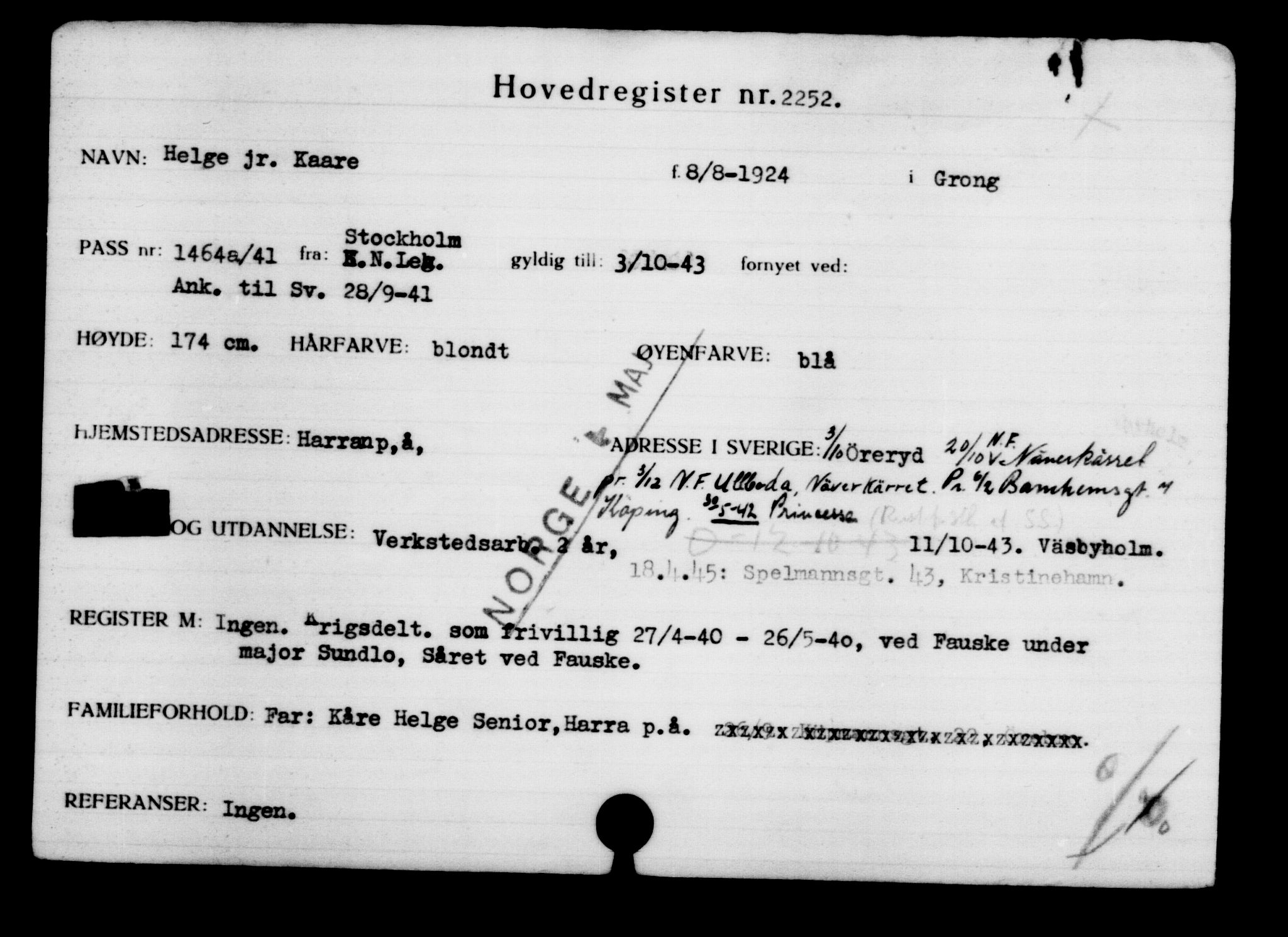 Utenriksstasjonene, Legasjonen i Stockholm, Flyktningkontoret, AV/RA-S-6753/V/Va/L0003: Kjesäterkartoteket, flyktninger med registreringsnr. 2001-3495, 1940-1945, p. 352