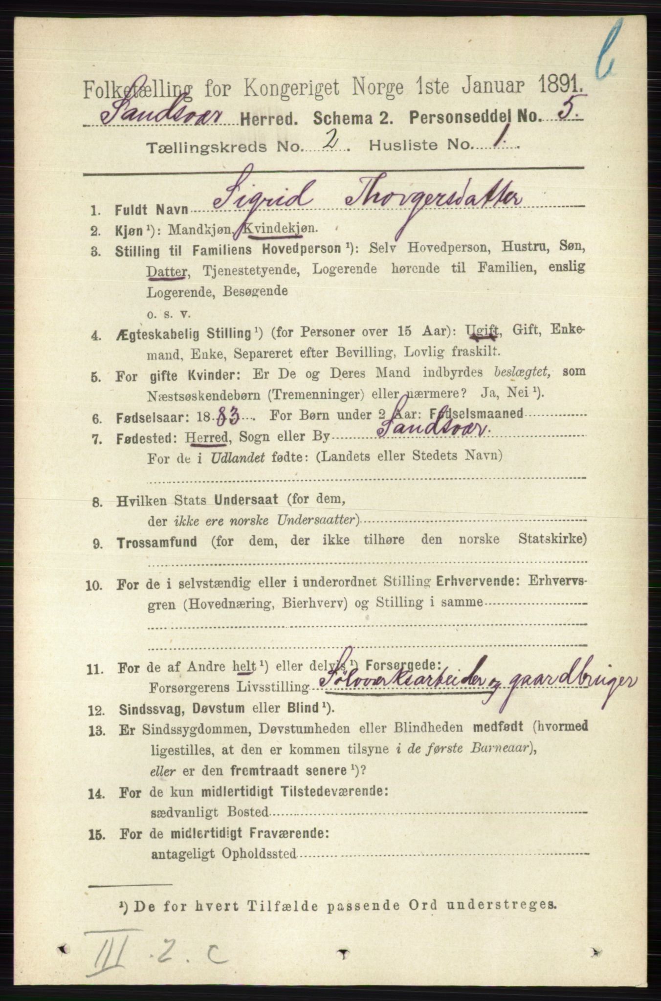 RA, 1891 census for 0629 Sandsvær, 1891, p. 5731