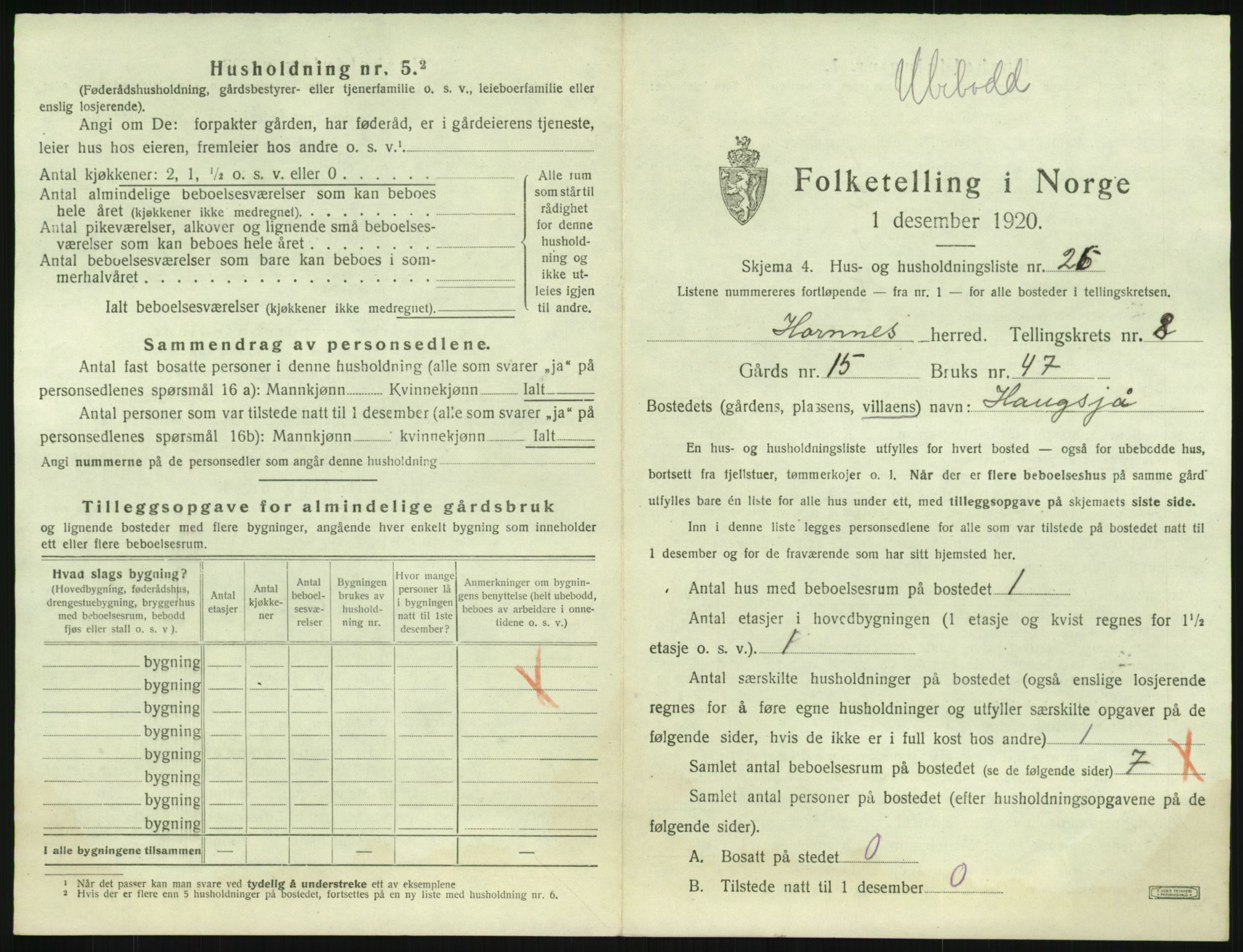 SAK, 1920 census for Hornnes, 1920, p. 345