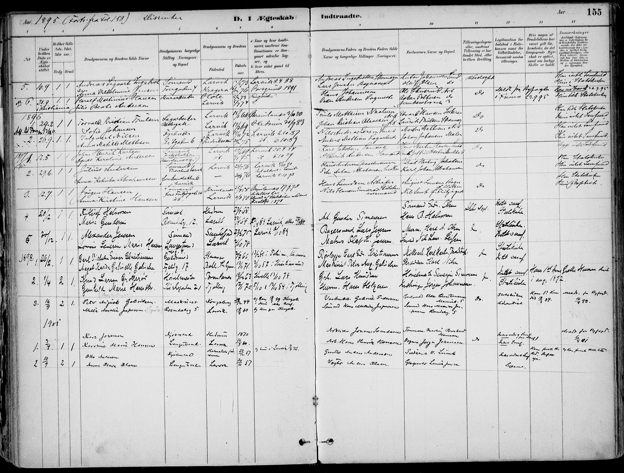 Larvik kirkebøker, AV/SAKO-A-352/F/Fb/L0004: Parish register (official) no. II 4, 1884-1902, p. 155