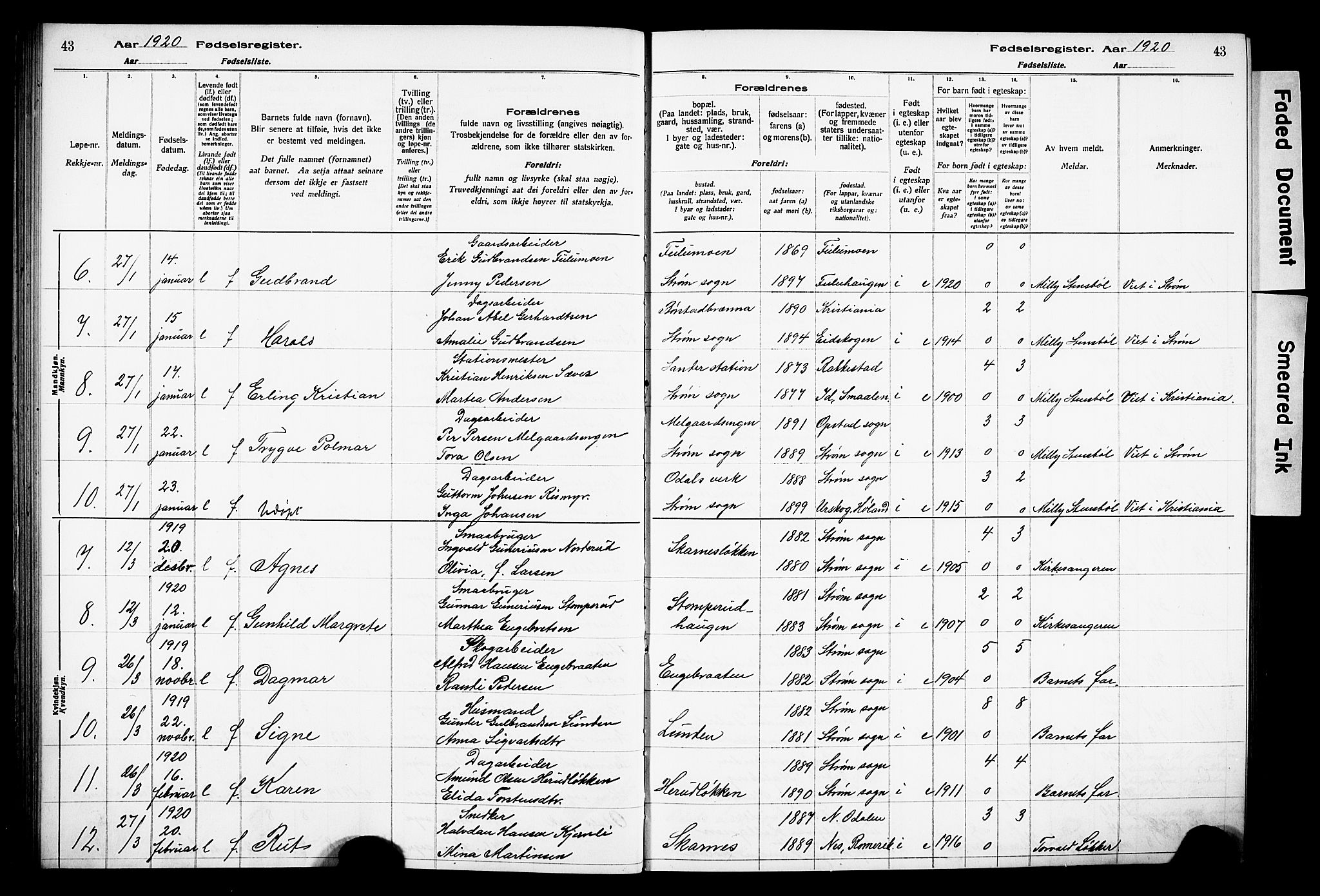 Sør-Odal prestekontor, SAH/PREST-030/I/Id: Birth register no. 1, 1916-1931, p. 43