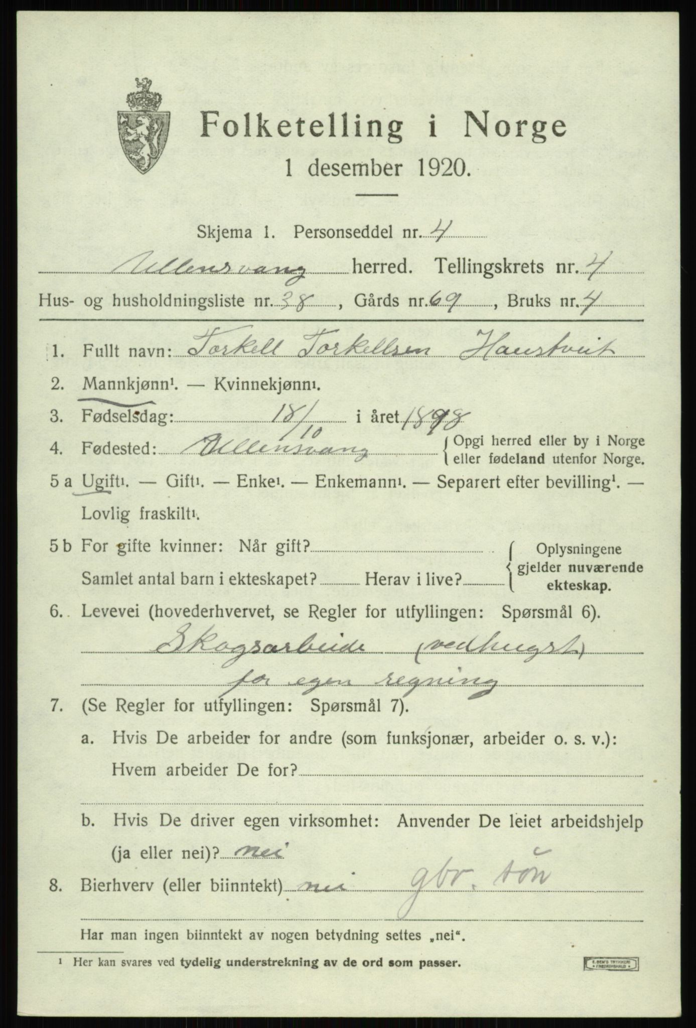 SAB, 1920 census for Ullensvang, 1920, p. 2352