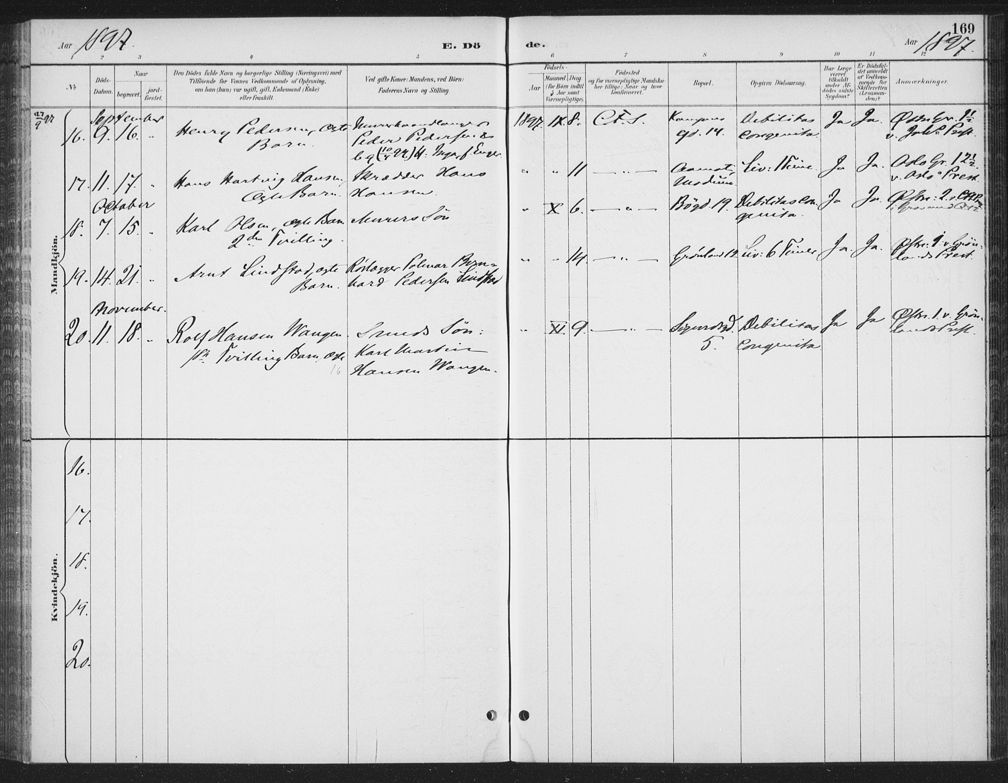 Rikshospitalet prestekontor Kirkebøker, AV/SAO-A-10309b/F/L0010: Parish register (official) no. 10, 1888-1912, p. 169