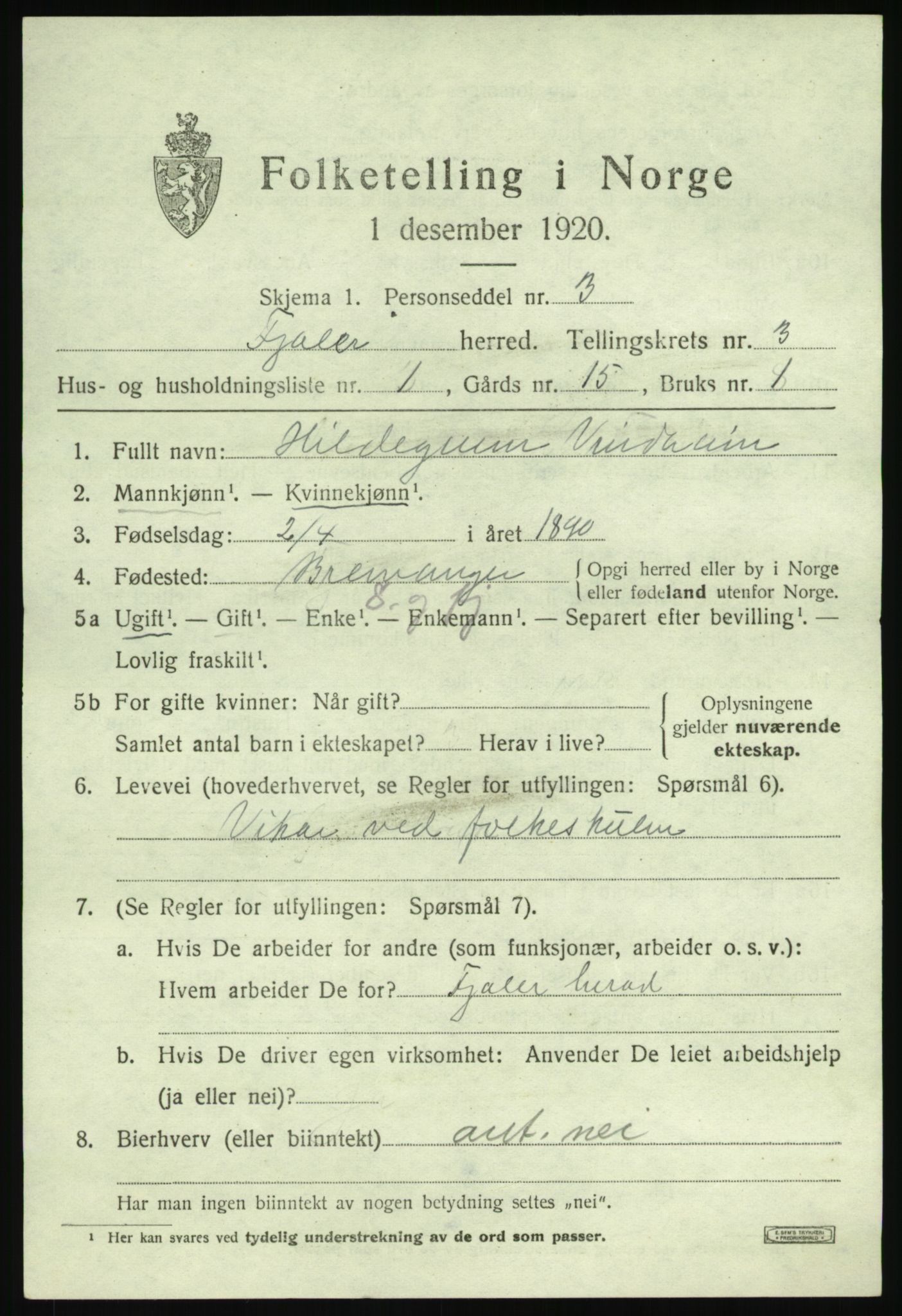 SAB, 1920 census for Fjaler, 1920, p. 2669