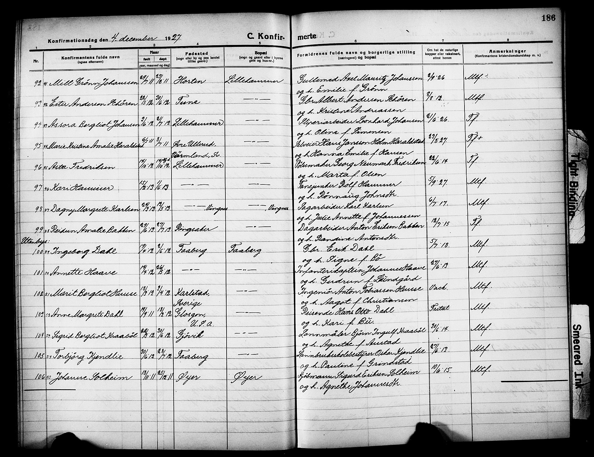 Lillehammer prestekontor, AV/SAH-PREST-088/H/Ha/Hab/L0002: Parish register (copy) no. 2, 1913-1929, p. 186