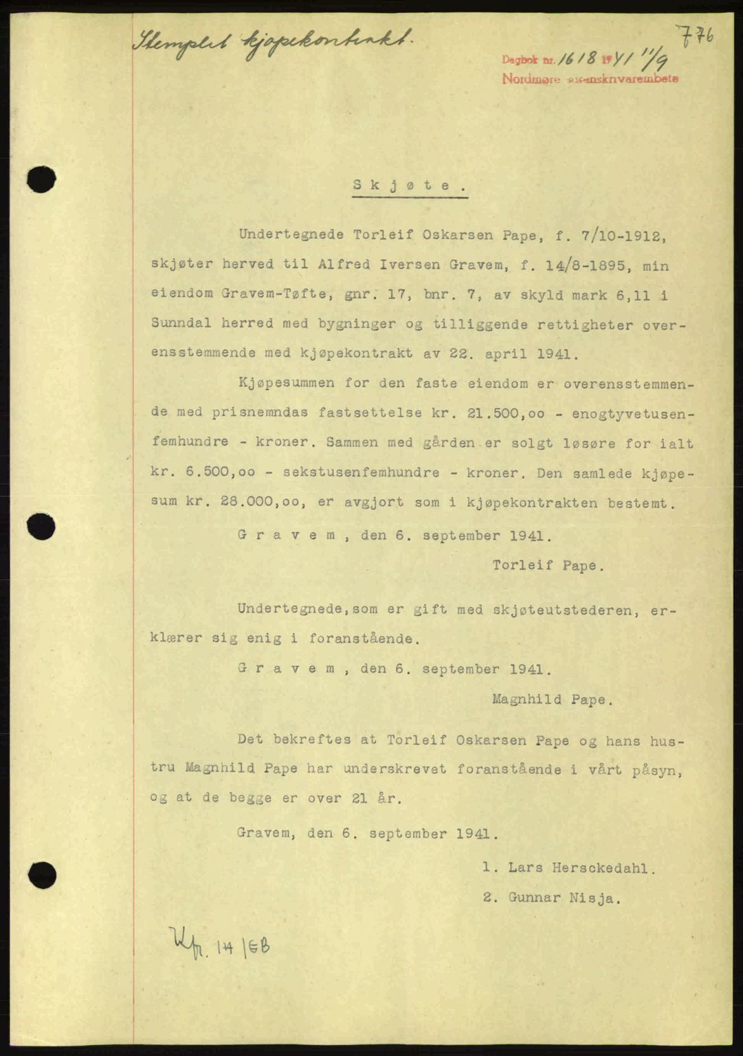 Nordmøre sorenskriveri, SAT/A-4132/1/2/2Ca: Mortgage book no. A90, 1941-1941, Diary no: : 1618/1941