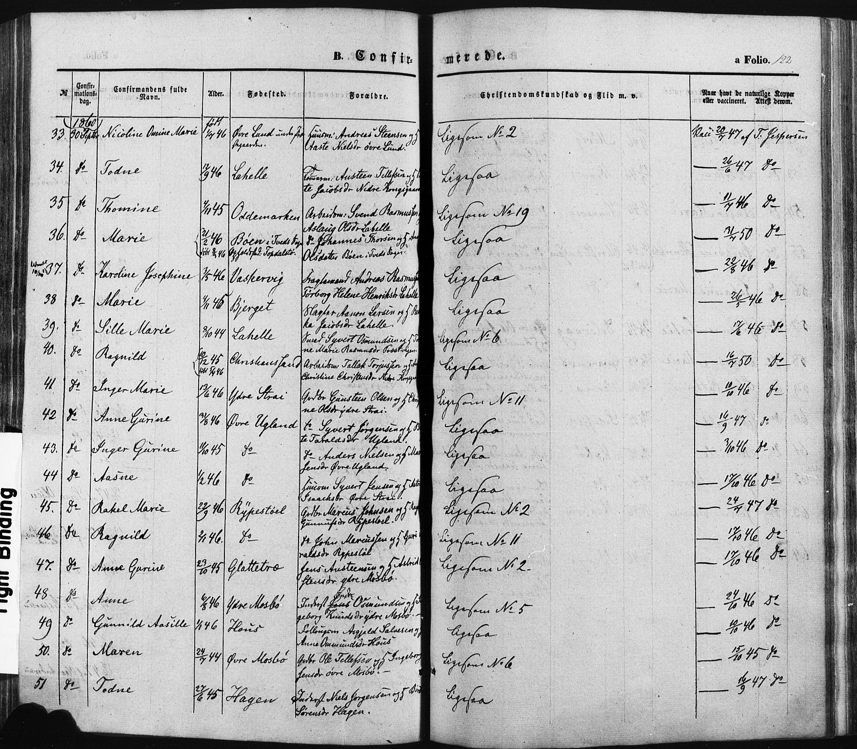 Oddernes sokneprestkontor, SAK/1111-0033/F/Fa/Faa/L0007: Parish register (official) no. A 7, 1851-1863, p. 122