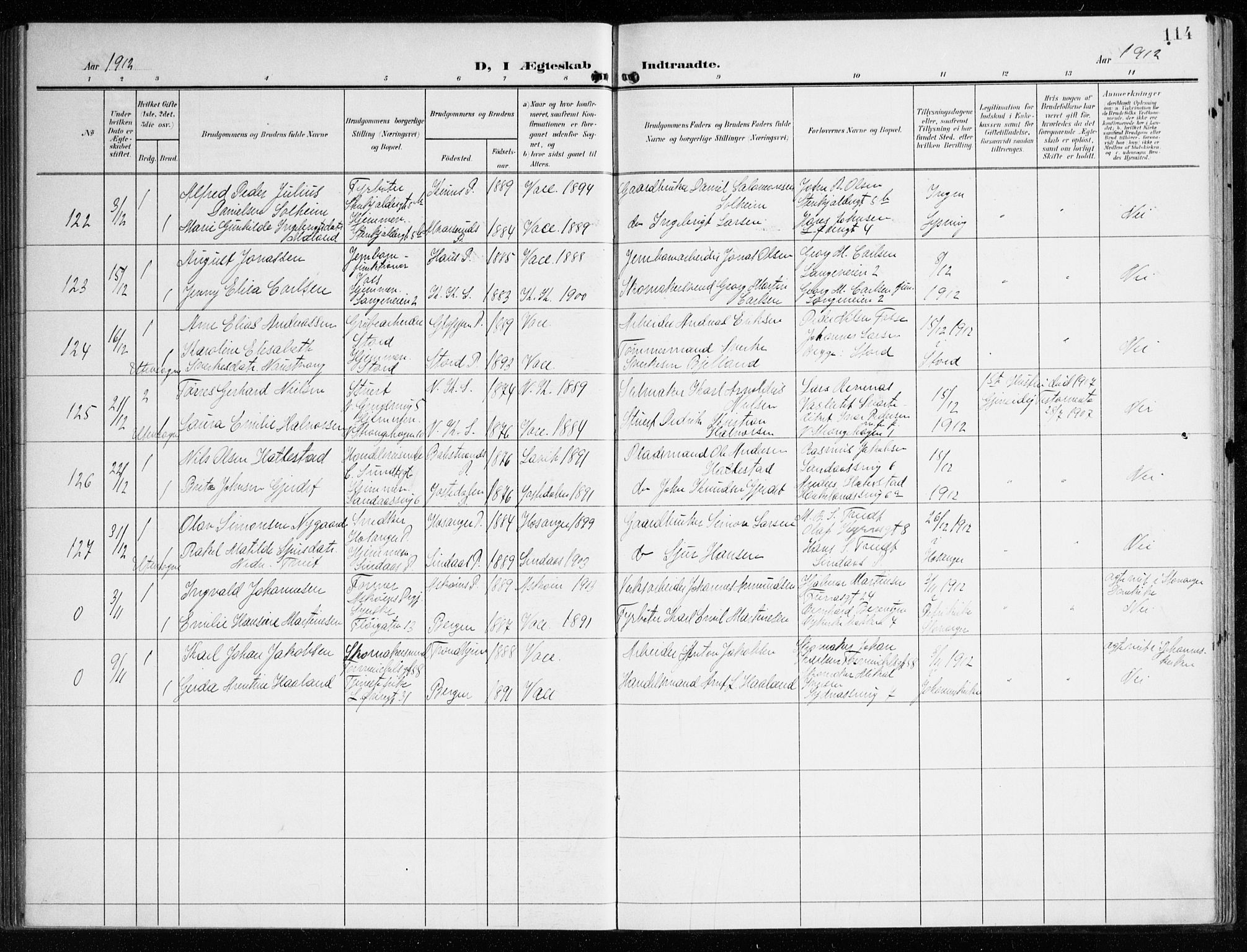 Korskirken sokneprestembete, SAB/A-76101/H/Haa/L0038: Parish register (official) no. D 5, 1904-1919, p. 114