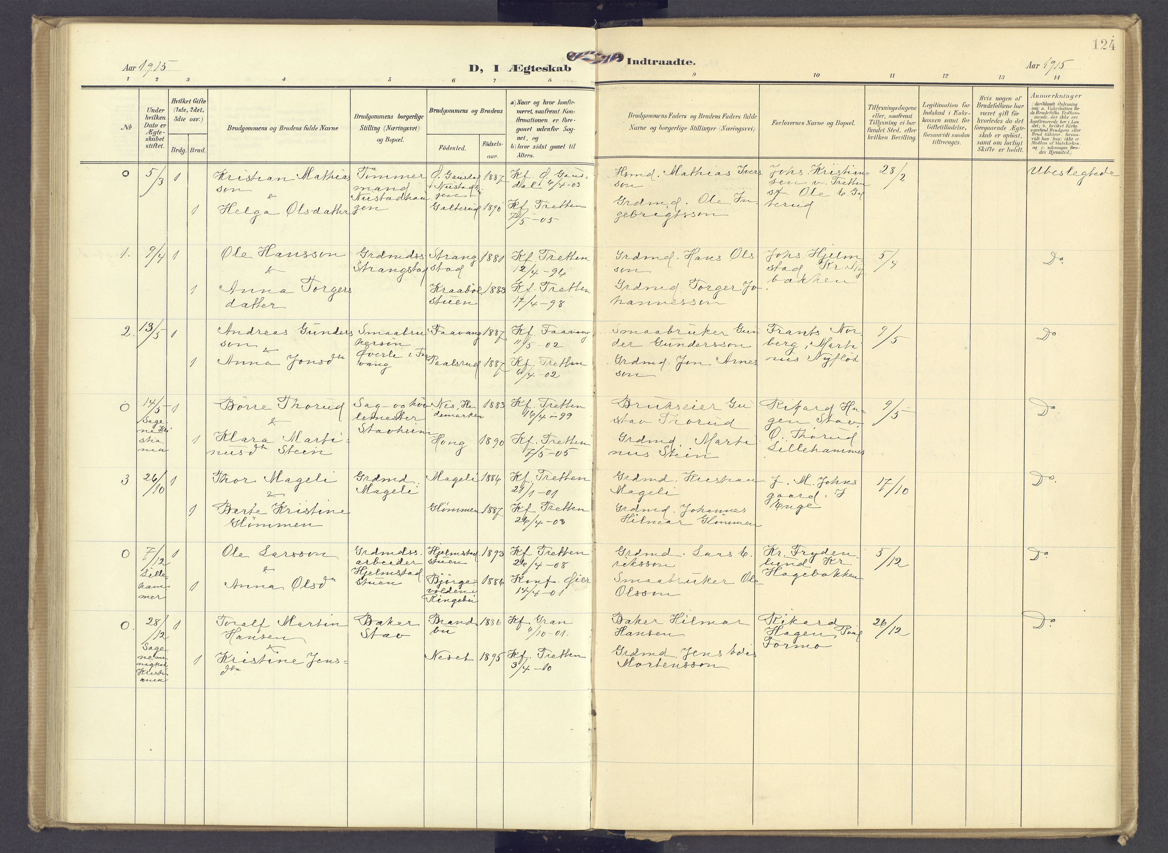 Øyer prestekontor, AV/SAH-PREST-084/H/Ha/Haa/L0013: Parish register (official) no. 13, 1905-1920, p. 124