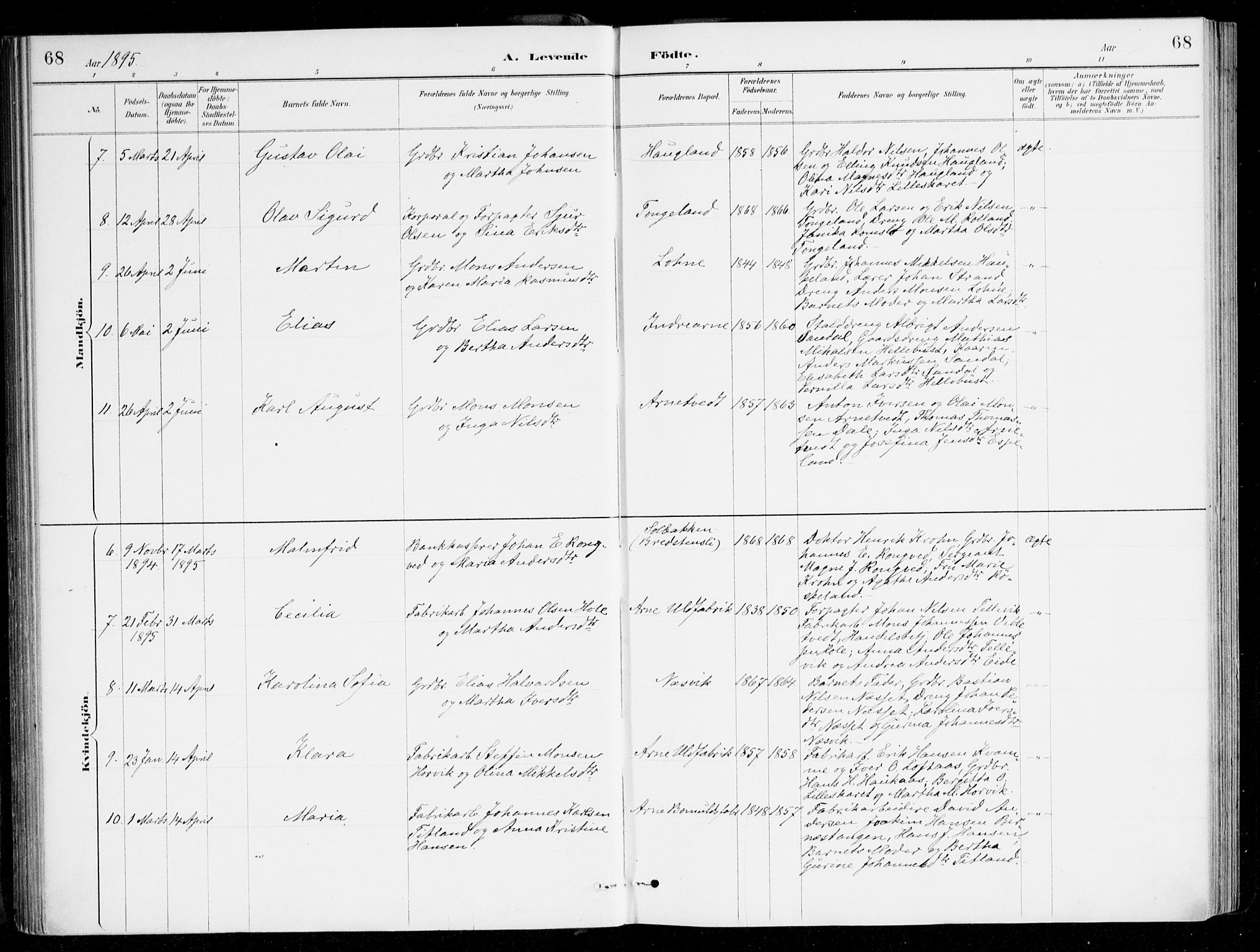 Haus sokneprestembete, AV/SAB-A-75601/H/Haa/Haad/L0001: Parish register (official) no. D 1, 1887-1898, p. 68