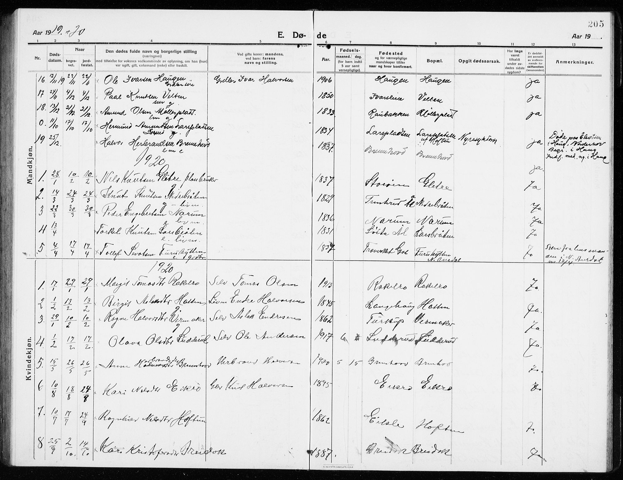Gol kirkebøker, SAKO/A-226/G/Ga/L0004: Parish register (copy) no. I 4, 1915-1943, p. 205